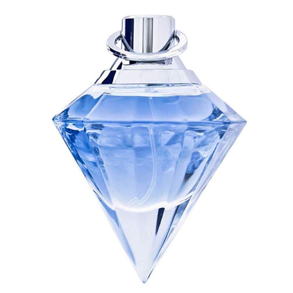 Parfümflakon in Diamantform. Blaue Flüssigkeit, silberner Verschluss. Sprühkopf.