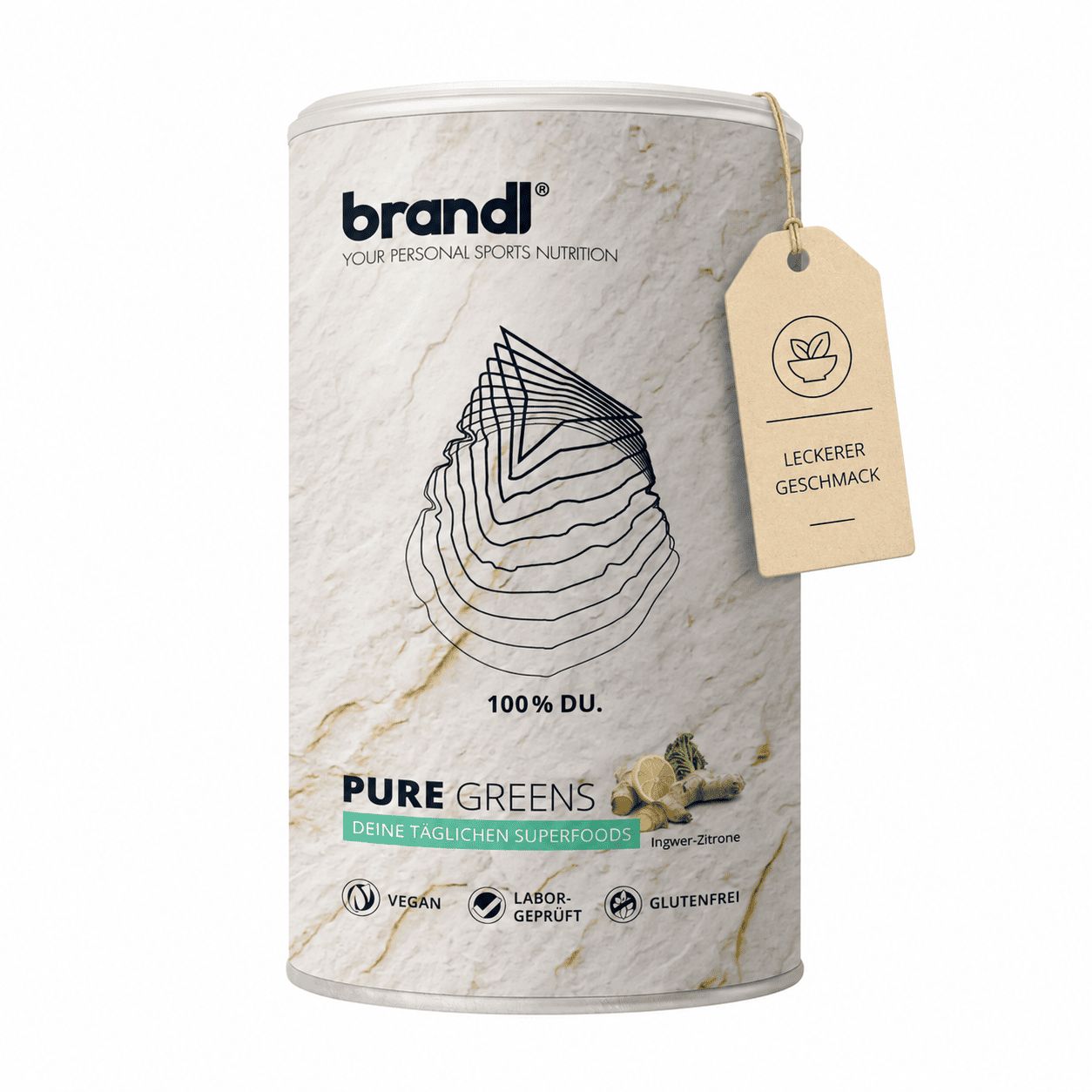 Dose brandl® Superfood Greens. Text: Leckerer Geschmack, 100% DU. Text: vegan, laborgeprüft, glutenfrei. Anhänger mit Logo.