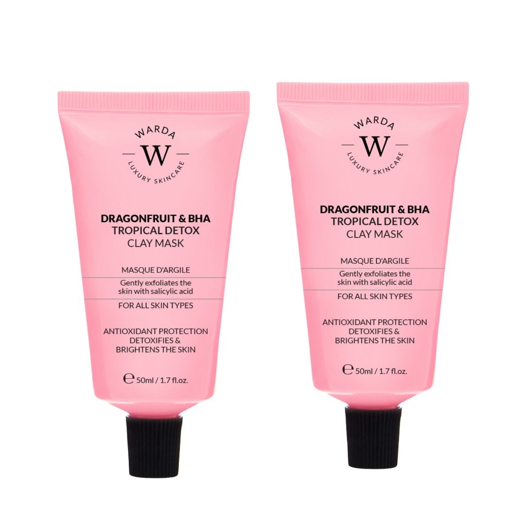 Zwei rosa Tuben mit schwarzem Verschluss. Auf jeder Tube steht "Warda Luxury Skincare" und "Dragonfruit & BHA Tropical Detox Clay Mask".