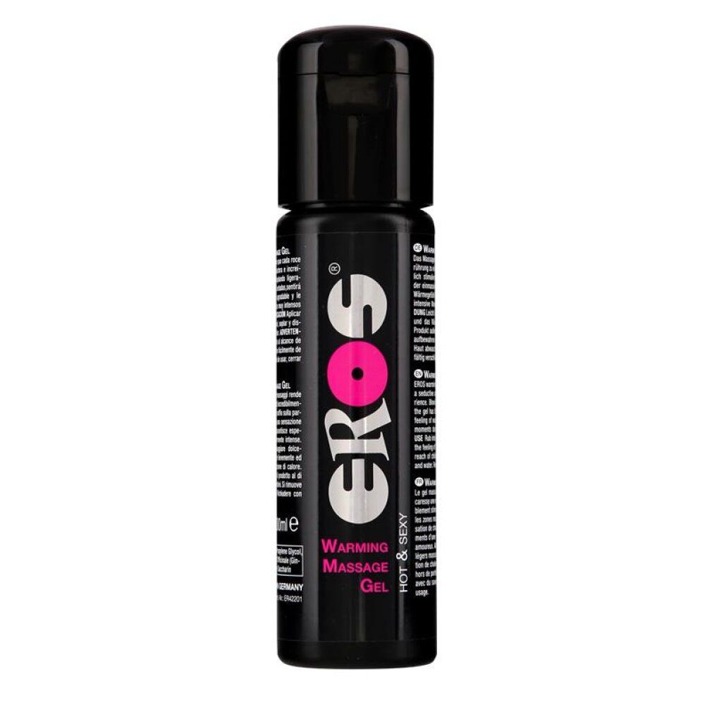 Eros Warming Massage Gel in schwarzer Flasche mit silbernem Logo und pinkem Kreis.