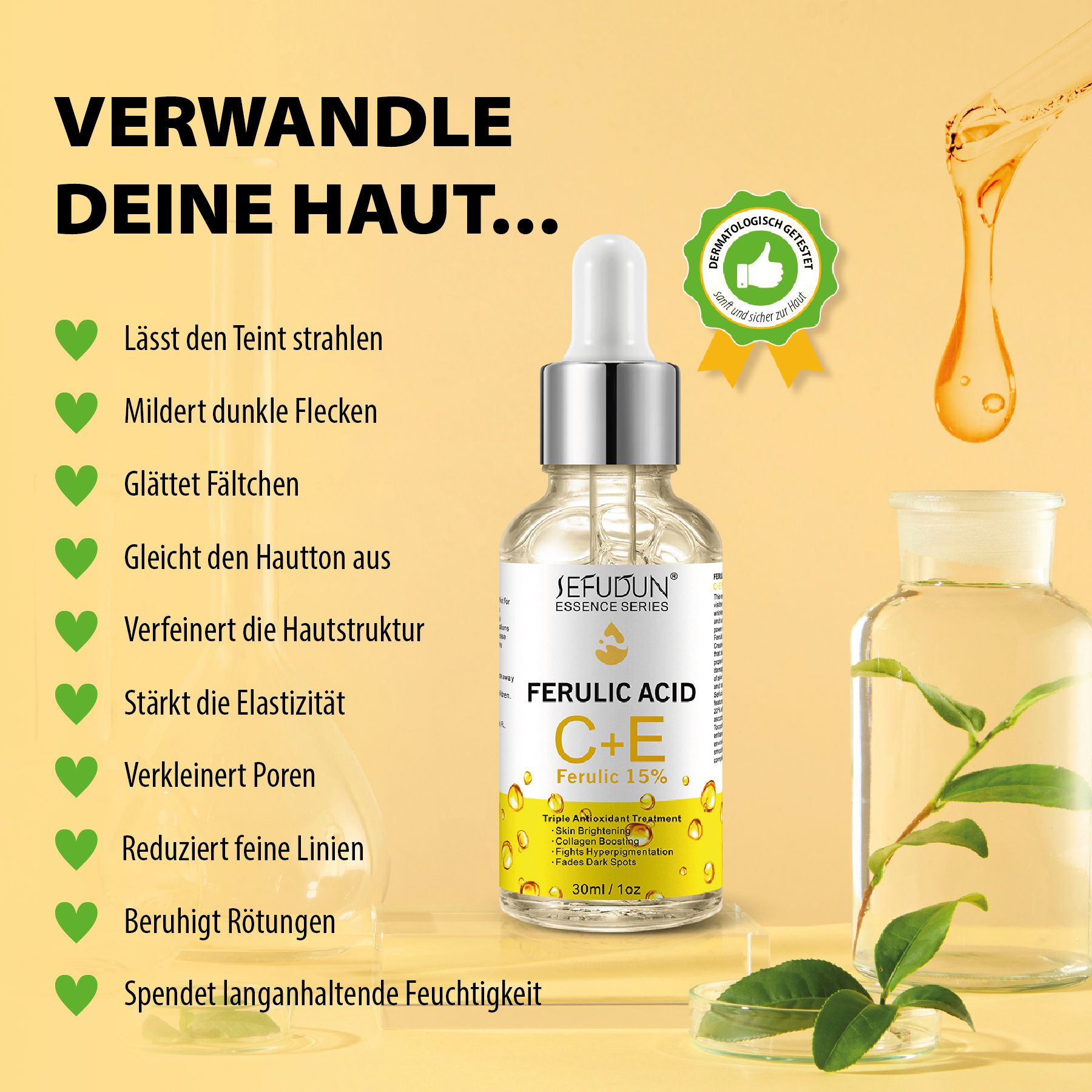 Serumflasche mit Pipette. Text: Ferulic Acid C+E. Gelbe Flüssigkeit. Grüne Blätter und Glasbehälter im Hintergrund.