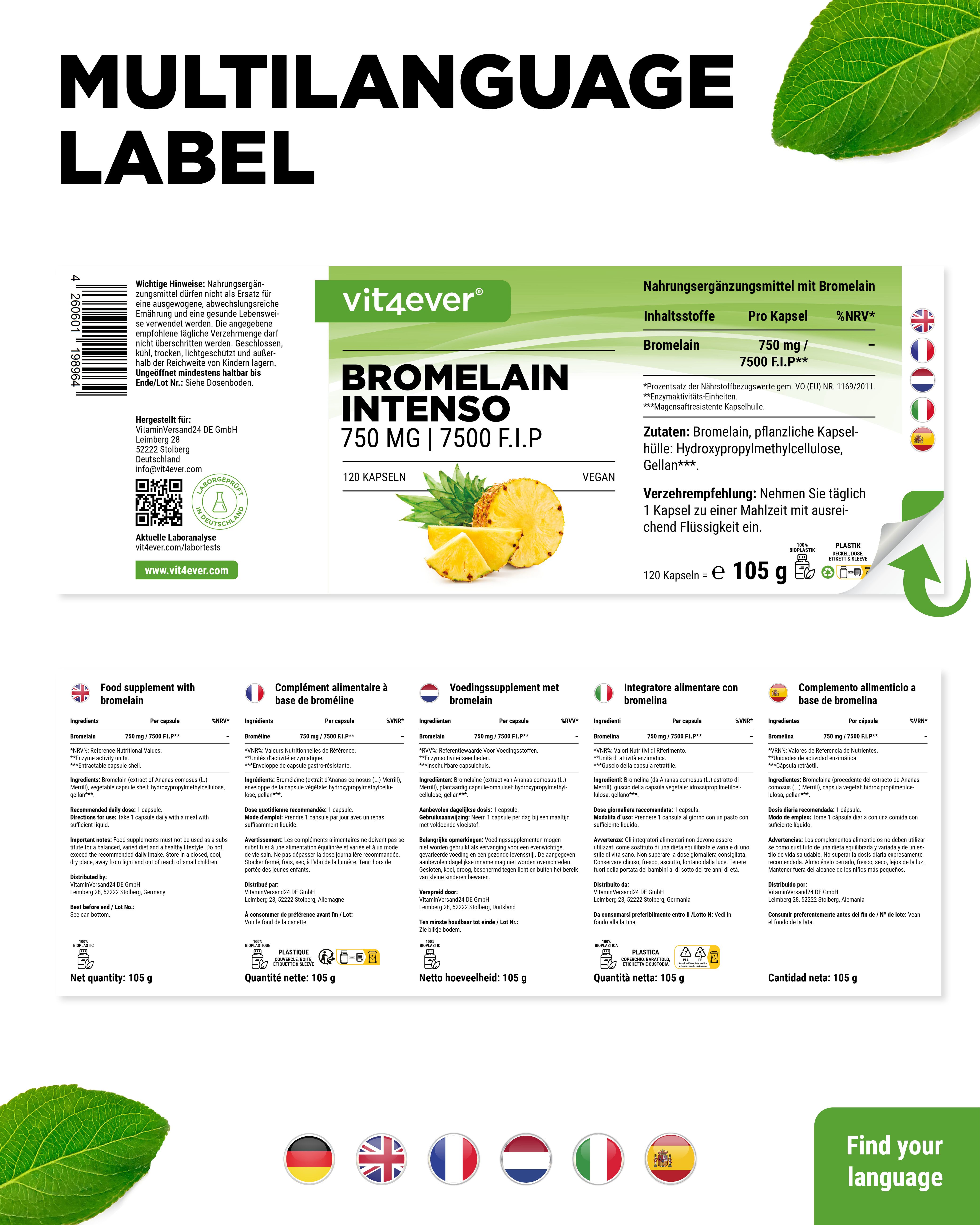 Weißes Flaschendesign mit grünem Etikett. Aufschrift: Bromelain Intenso 750 mg | 7500 F.I.P. 120 Kapseln. Vegan. Ananas-Illustration. Mehrsprachige Etiketten.