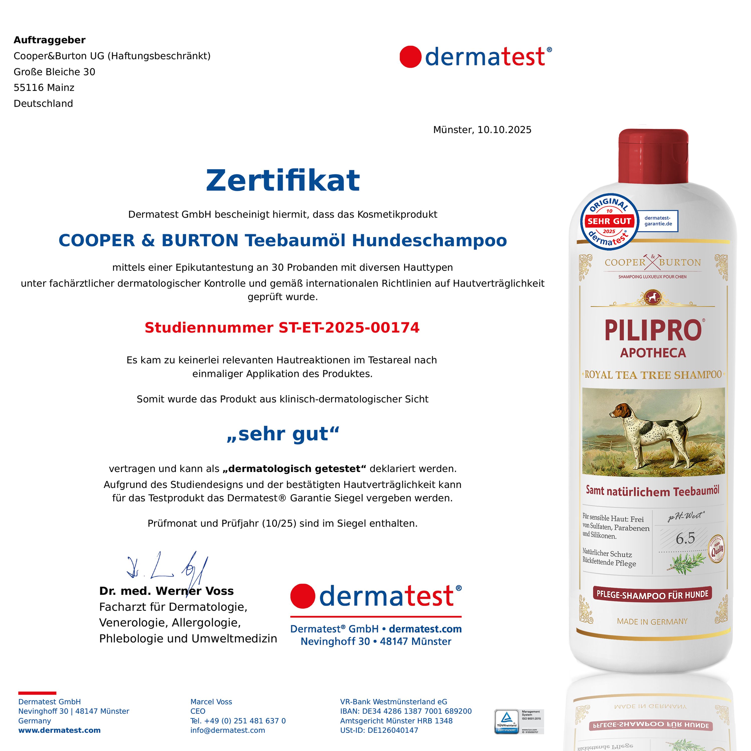 Weißes Shampoo mit rotem Deckel. Text: COOPER & BURTON Teebaumöl Hundeshampoo. Zertifikat von Dermatest. Aufschrift: „sehr gut“.