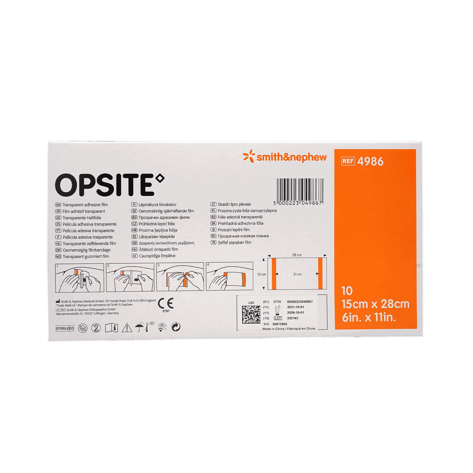 Rückseite der OPSITE Wundverband-Verpackung. Enthält Informationen und Piktogramme. Größe: 15x28 cm. Smith & Nephew Logo.