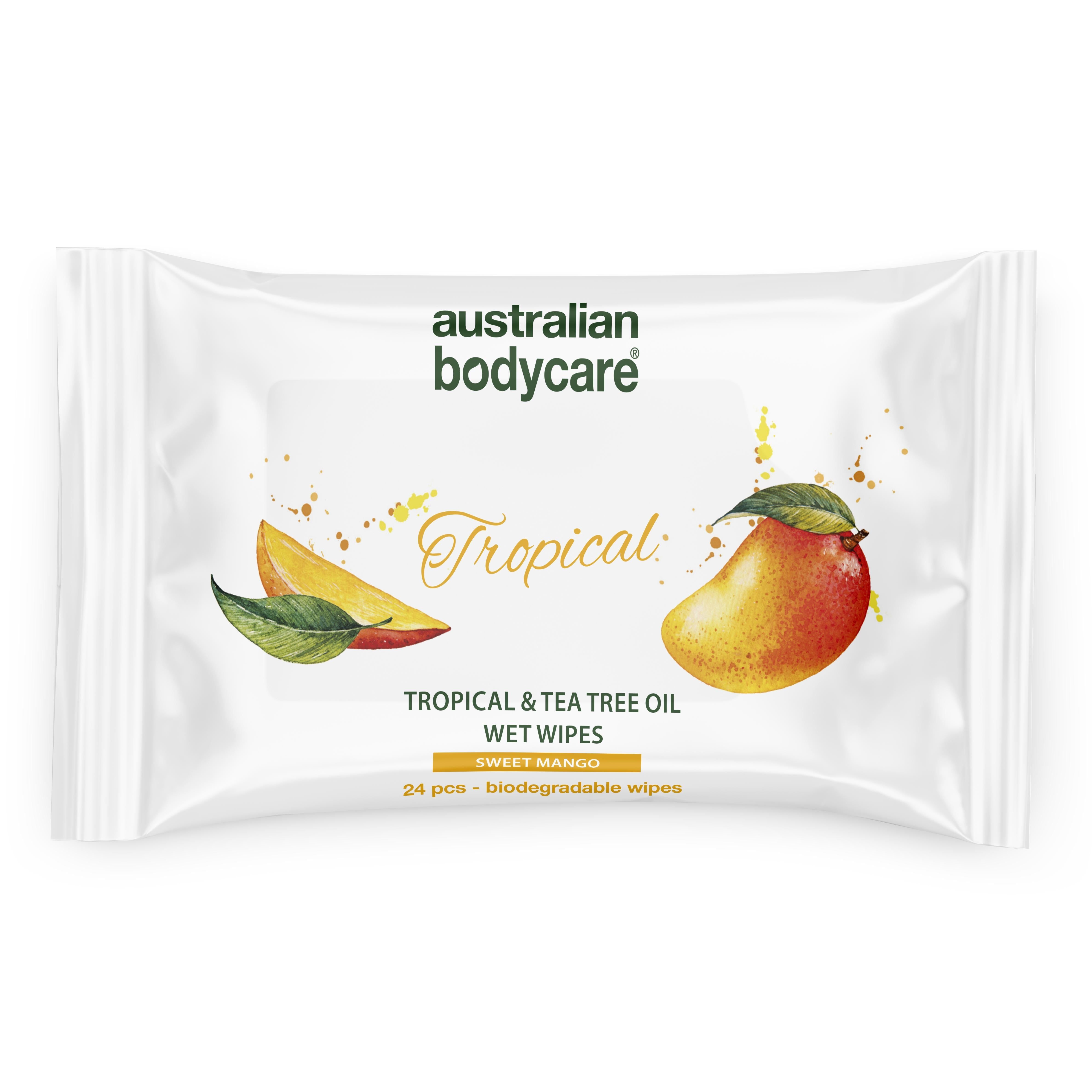 Feuchttücher-Packung mit Mango-Illustration. Text: Tropical & Tea Tree Oil Wet Wipes. 24 Stück.