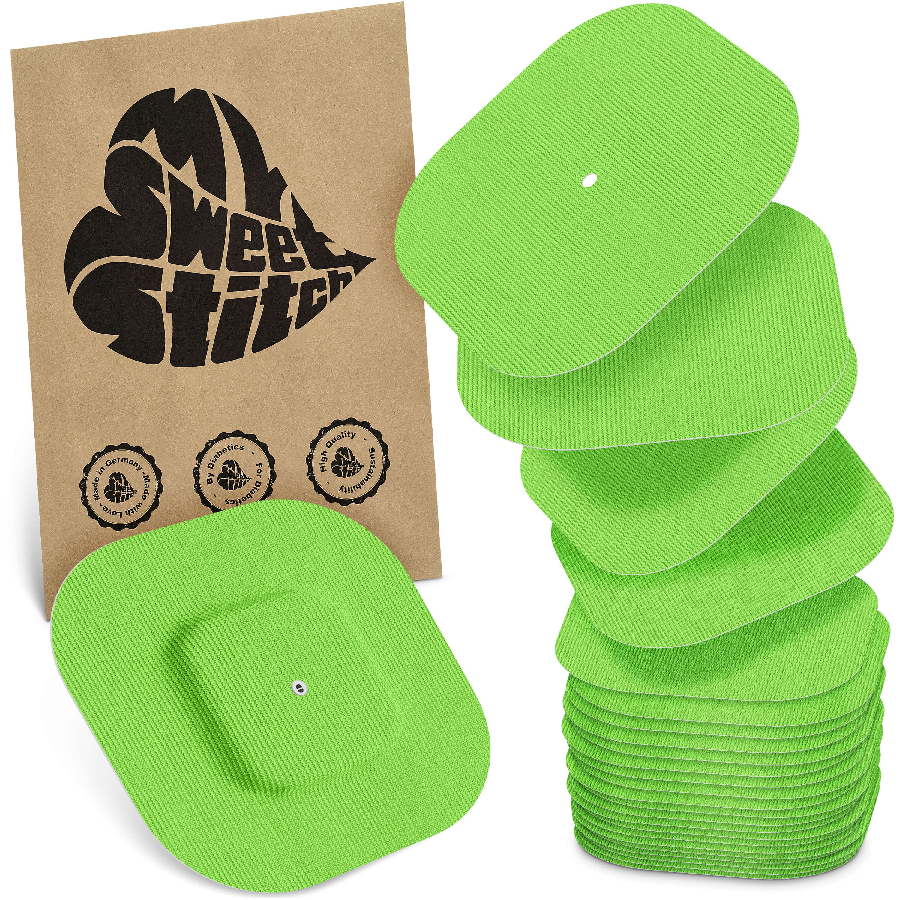 Grüne, rechteckige Pflaster mit abgerundeten Ecken. Auf brauner Verpackung ist der Schriftzug MySweetStitch zu sehen. Siegel mit Text.