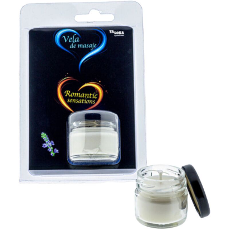Massagekerze in Glasbehälter mit Deckel. Verpackt in Blisterverpackung. Aufschrift: Vela de masaje, Romantic sensations, Taloka.