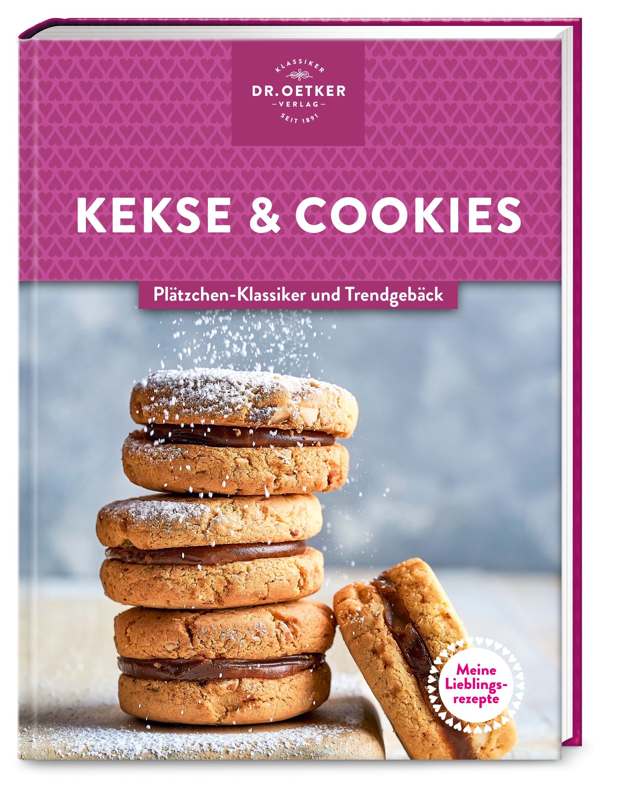 Buchcover mit Titel „Kekse & Cookies“ von Dr. Oetker. Gezeigt werden Kekse mit Creme-Füllung, gestapelt und einzeln.