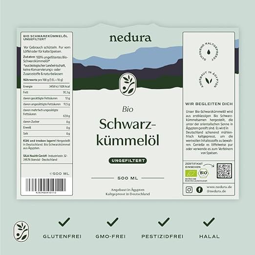 Etikett mit Nährwertangaben. Text: Bio Schwarzkümmelöl ungefiltert. 500 ml. Glutenfrei, GMO-frei, Pestizidfrei, Halal.