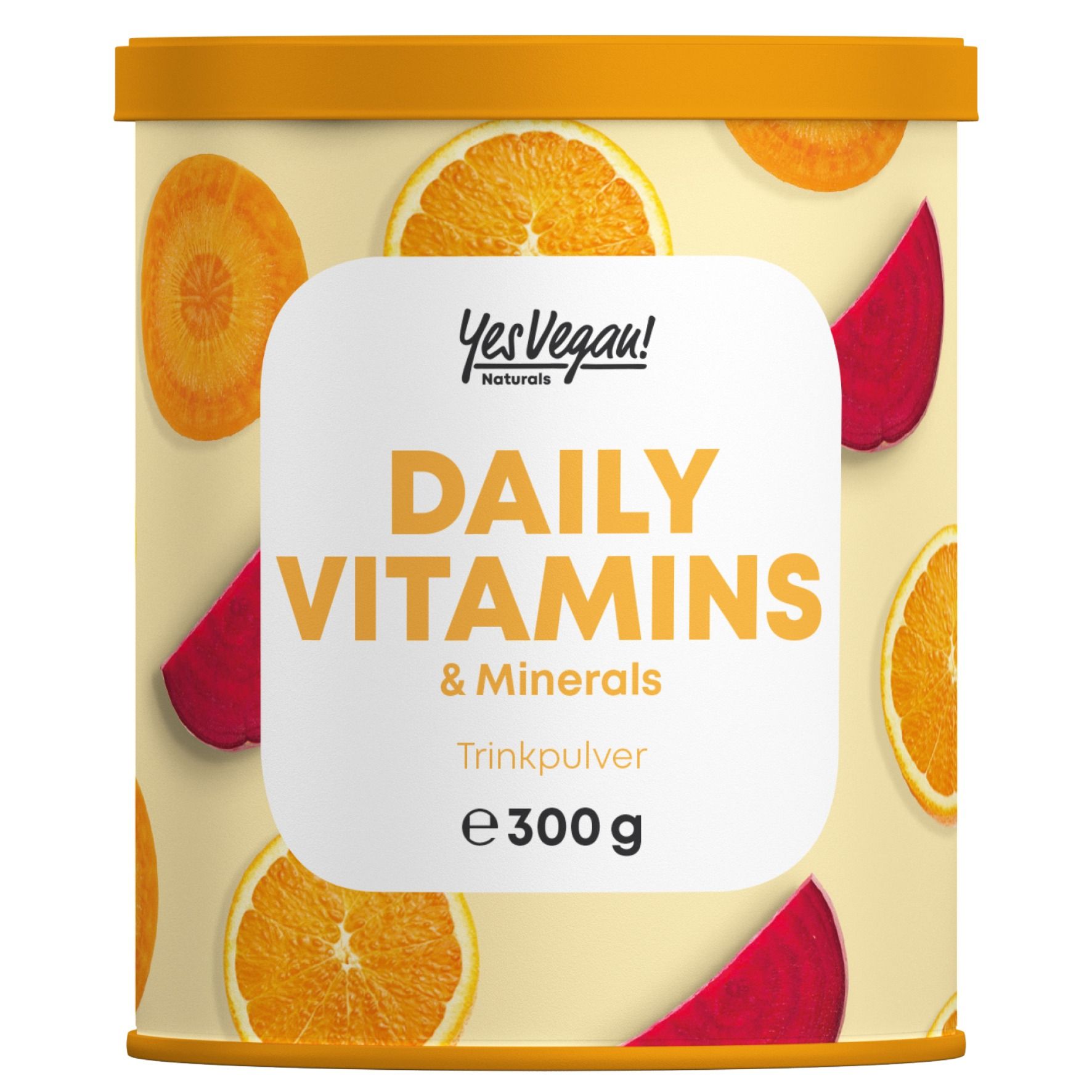 Dose mit Trinkpulver, "Daily Vitamins & Minerals", 300g. Mit Orangen-, Karotten- und Rote-Bete-Motiven.
