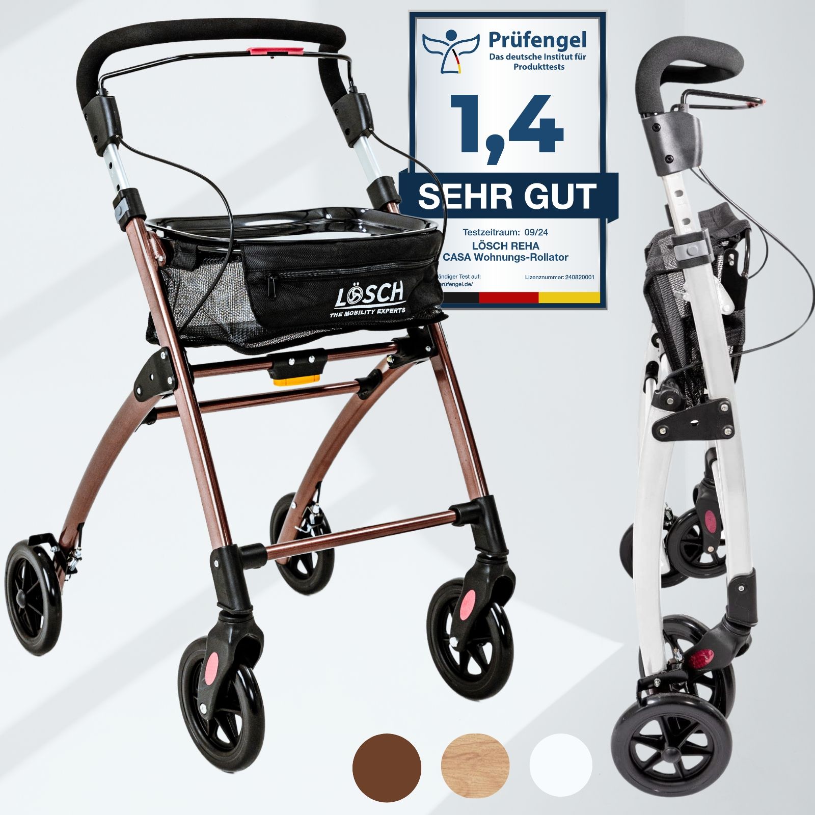 Rollator, braun, mit Korb und Griffen. Prüfzeichen. Gefaltet und entfaltet dargestellt. Vier Räder, Bremsen.