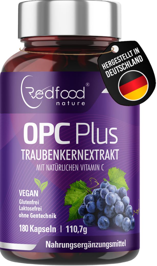 Braune Glasflasche mit Kapseln. Aufschrift: Redfood OPC Plus, Traubenkernextrakt, mit natürlichem Vitamin C. Siegel: Hergestellt in Deutschland.