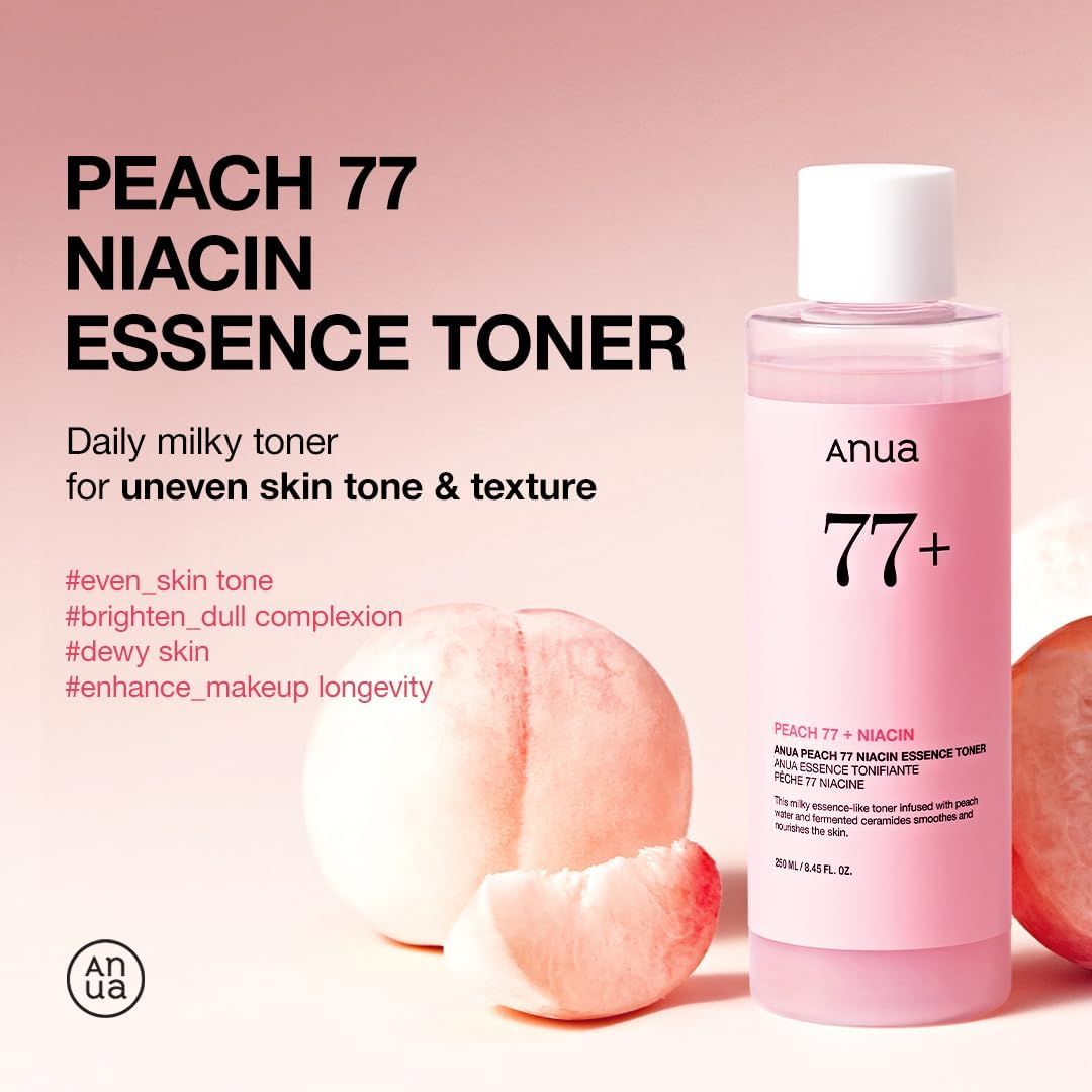 ANUA Peach 77% Niacin Essence Toner. Flasche mit Pfirsich und Scheibe. Text: Daily milky toner for uneven skin tone & texture.