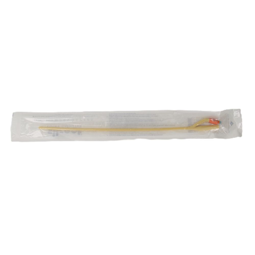 Katheter in steriler Verpackung. Gelber Katheter mit roter Spitze. Transparente Verpackung.