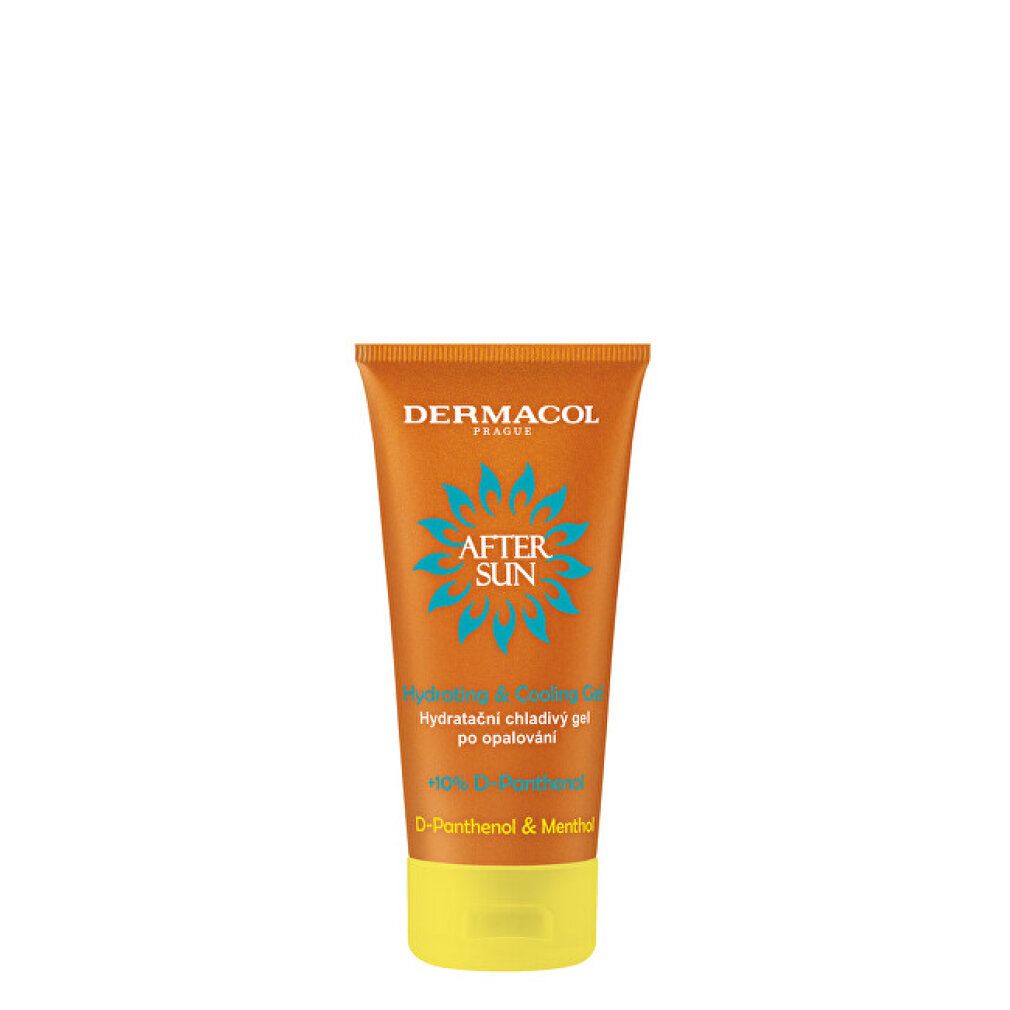 Orange Tube mit gelbem Verschluss. Aufschrift: DERMACOL, AFTER SUN, Hydrating & Cooling Gel. Türkises Sonnenblumen-Design.