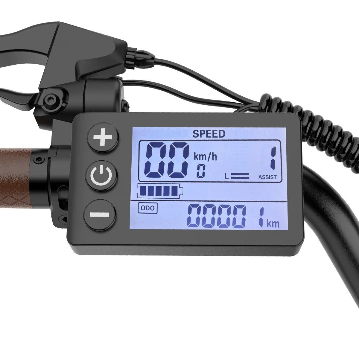 Nahaufnahme des Displays eines Elektrofahrrads. Zeigt Geschwindigkeit, Akkustand und weitere Informationen. Schwarzer Rahmen.