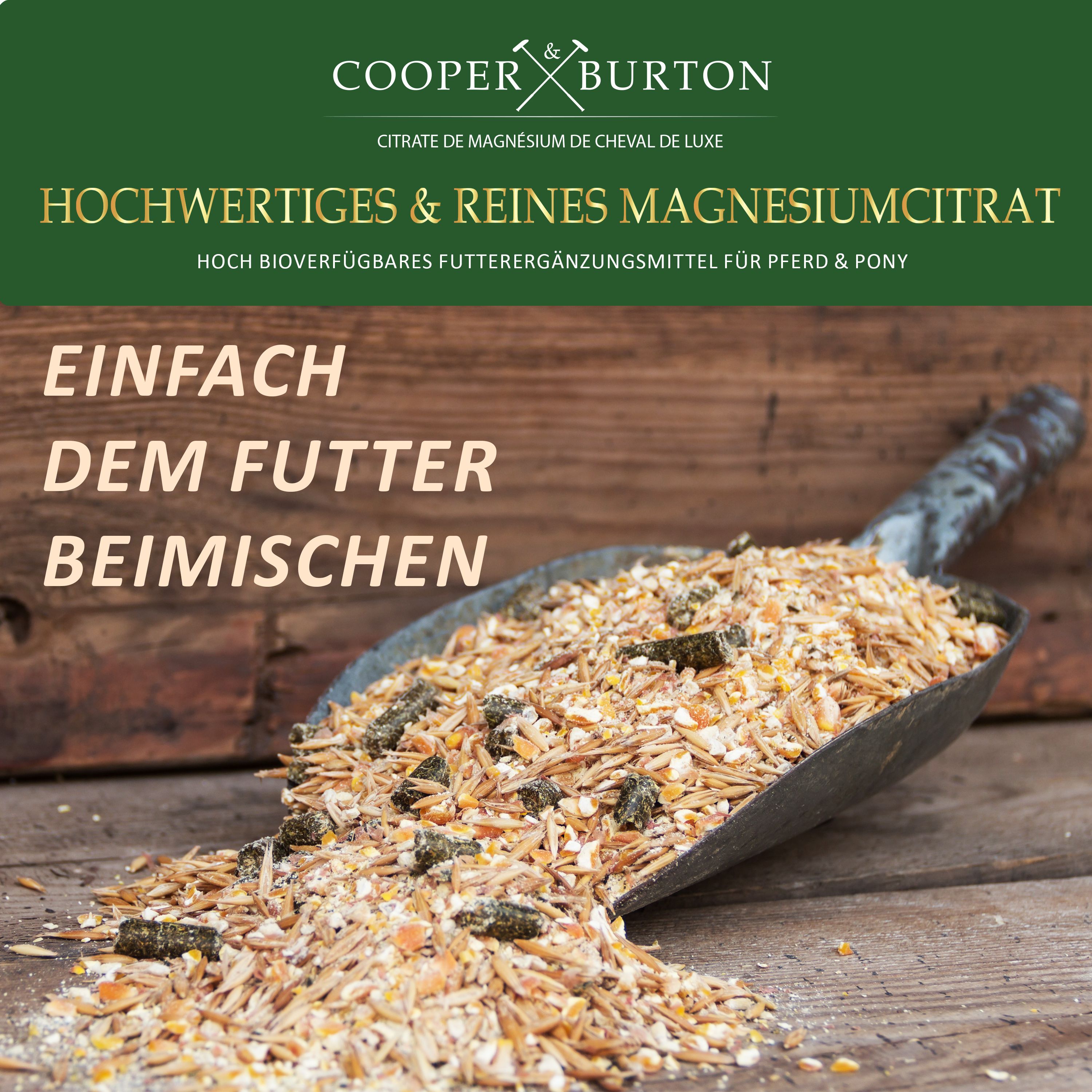 Schaufel mit Futter. Text: Einfach dem Futter beimischen. Logo COOPER & BURTON. Hochwertiges & reines Magnesiumcitrat.