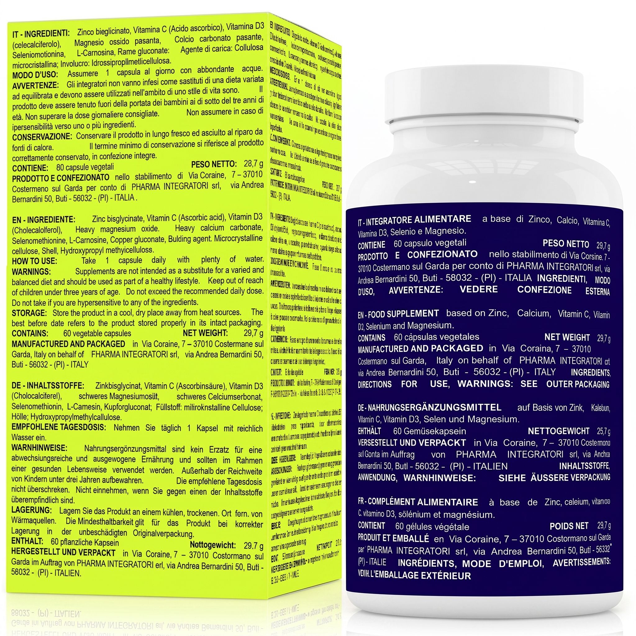 Seitenansicht der Verpackung und Flasche Zink Bisglycinat mit detaillierten Inhaltsstoffen und Anwendungshinweisen.