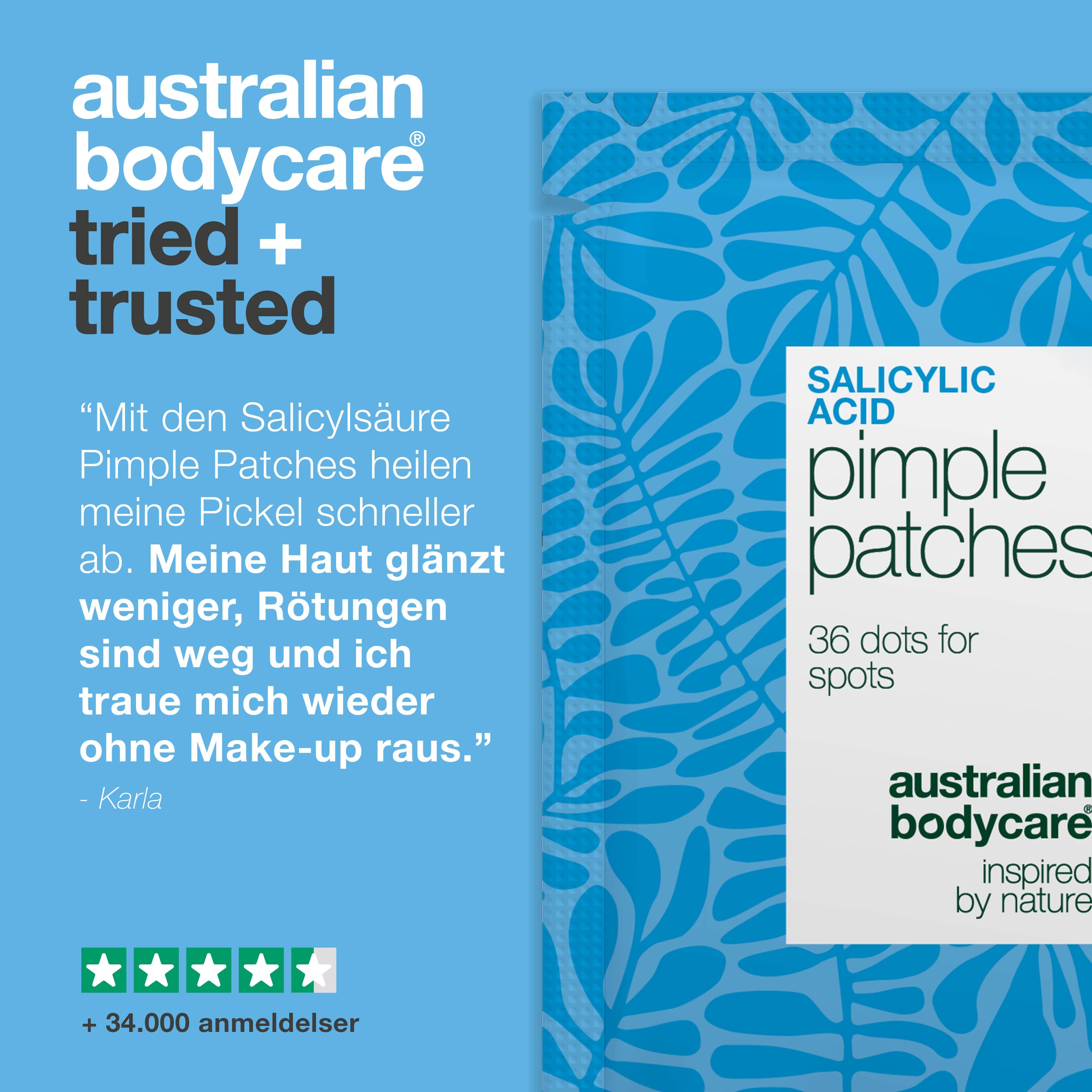 Blau-weiß verpackte Pimple Patches. Text: Australian Bodycare tried + trusted. Zitat. 5 Sterne Bewertung.