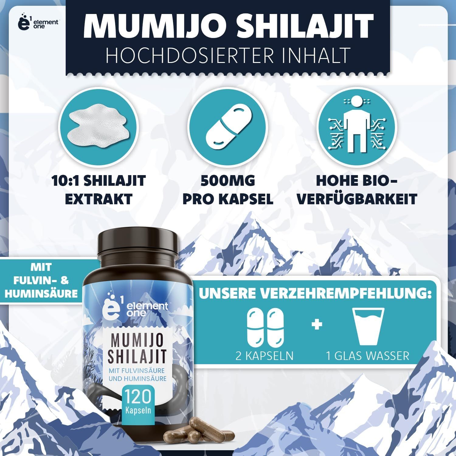 Braune Kapseln und eine Flasche Element One Mumijo Shilajit. Aufschrift: 120 Kapseln. Zusätzliche Grafiken: 10:1 Shilajit Extrakt, 500mg pro Kapsel.