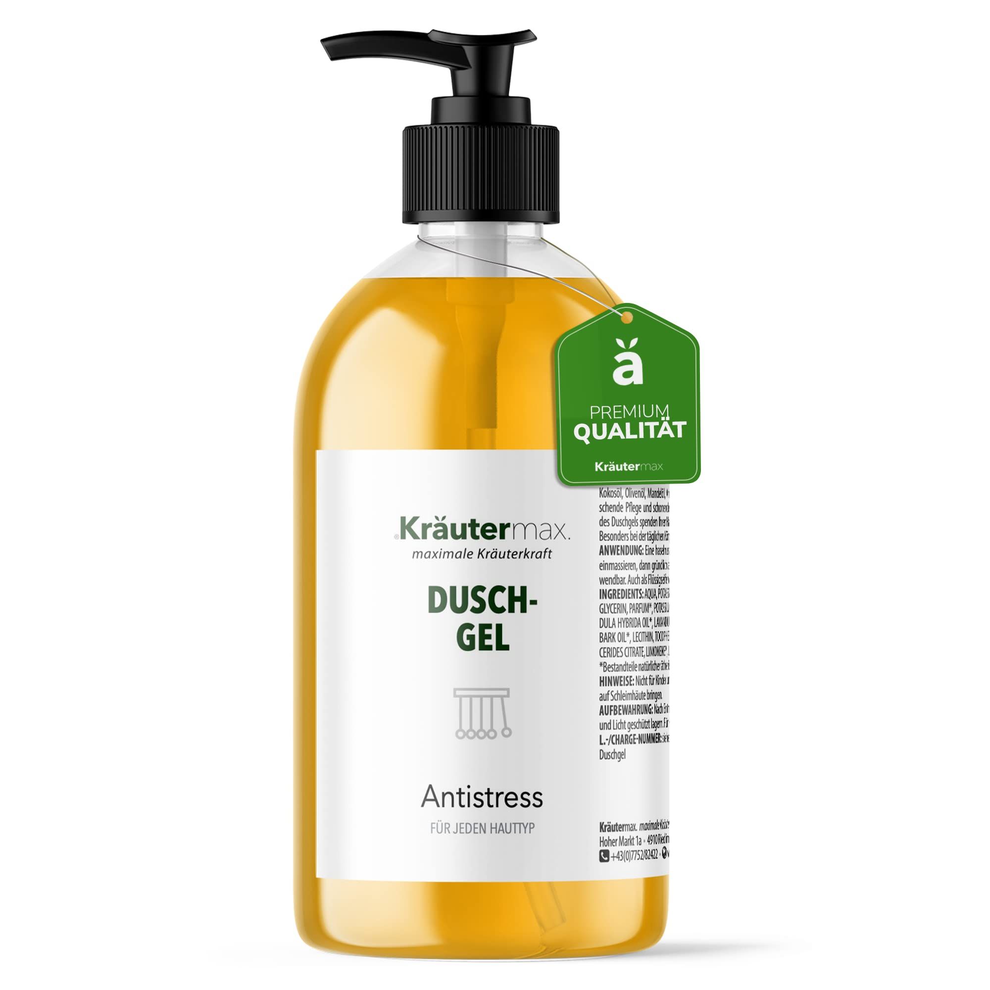 Gel-Spender mit gelbem Inhalt. Aufschrift: Kräutermax Duschgel Antistress. Grünes Qualitätssiegel.
