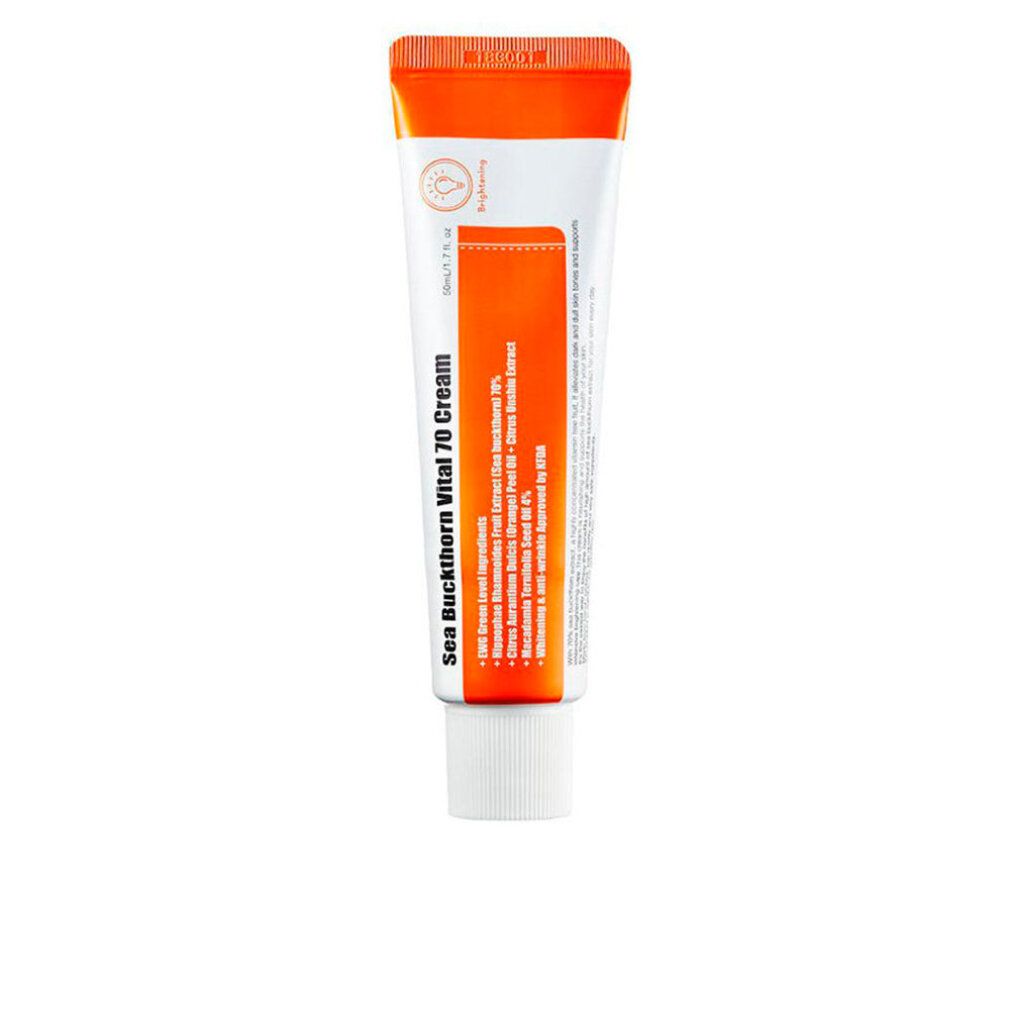 Creme-Tube mit orangefarbenem Deckel und Schriftzug. Produktname: Sea Buckthorn Vital 70 Cream. Marke: Purito.