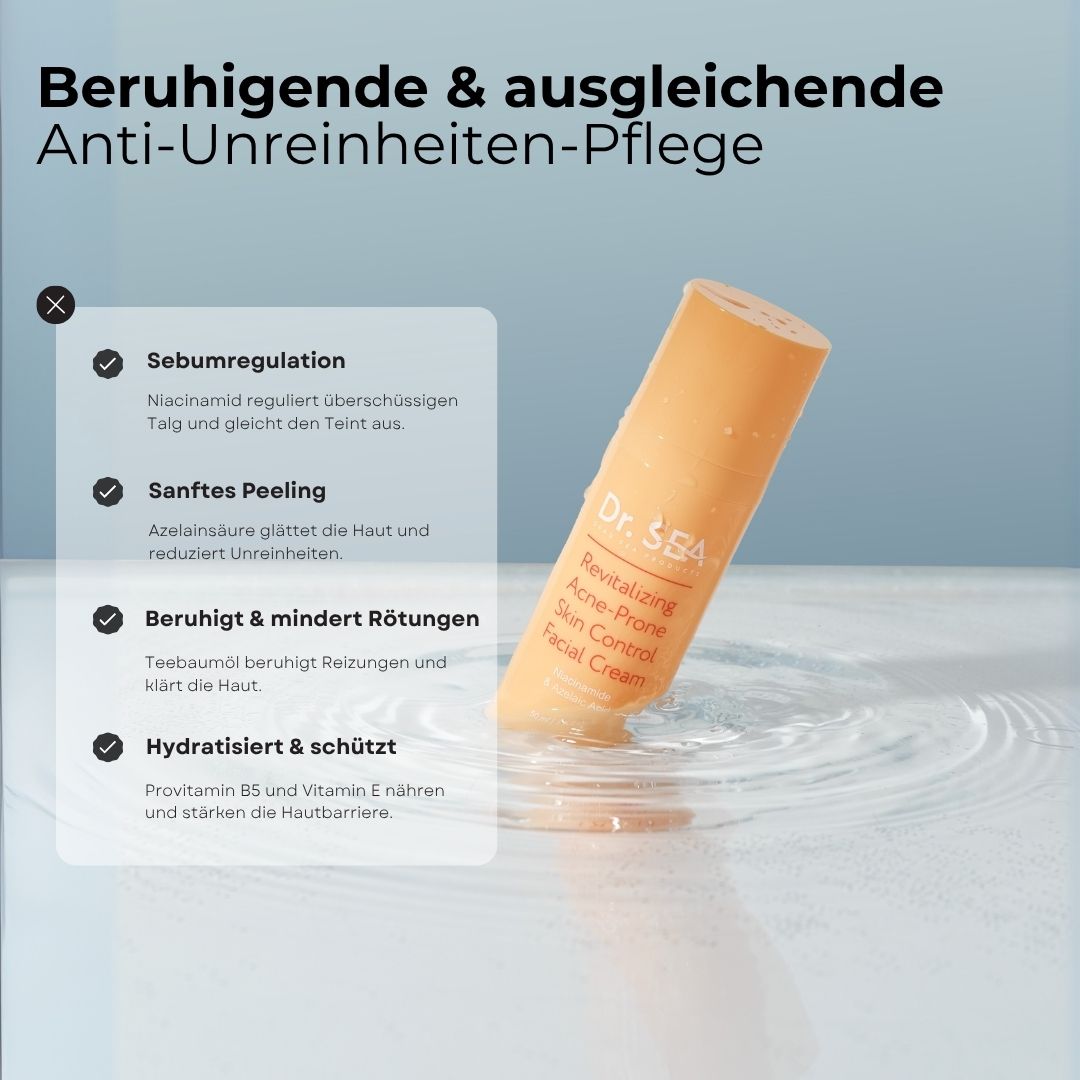 Creme-Tube in Wasser. Text: Sebumregulation, sanftes Peeling, beruhigt & mindert Rötungen, hydratisiert & schützt.