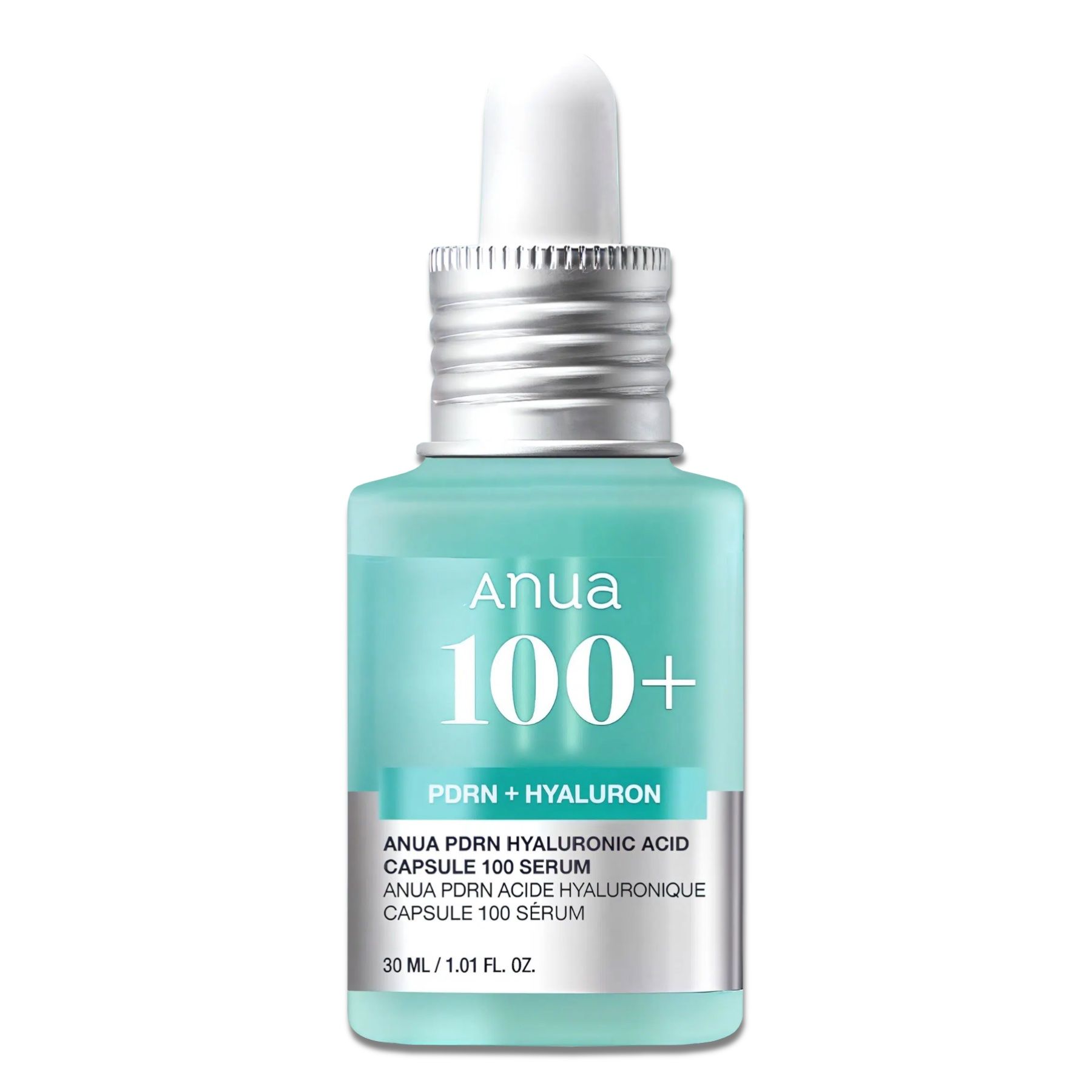Serumflasche mit weißem Deckel. Aufschrift: Anua 100+ PDRN + Hyaluron. Text: Capsule 100 Serum. 30 ml.