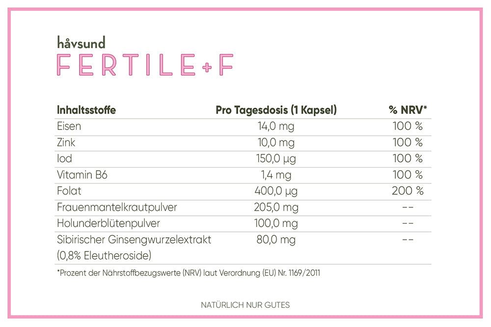 Produktinformationen zu håvsund Fertile+F. Tabelle mit Inhaltsstoffen, Dosierung und % NRV. Text: Natürlich nur Gutes.