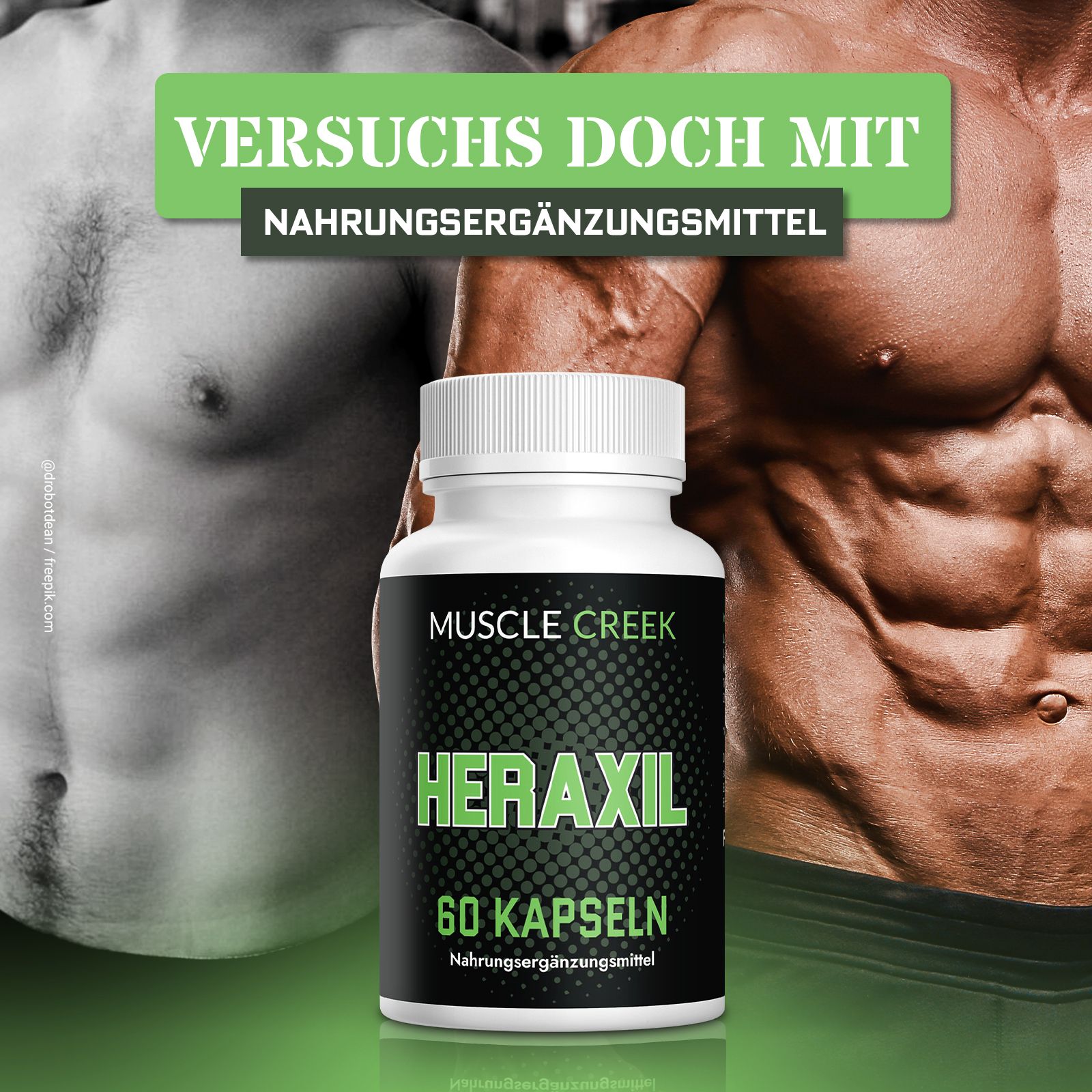 Weiße Flasche mit schwarzem Etikett. Aufschrift: Heraxil, 60 Kapseln. Hintergrund: muskulöser Oberkörper.