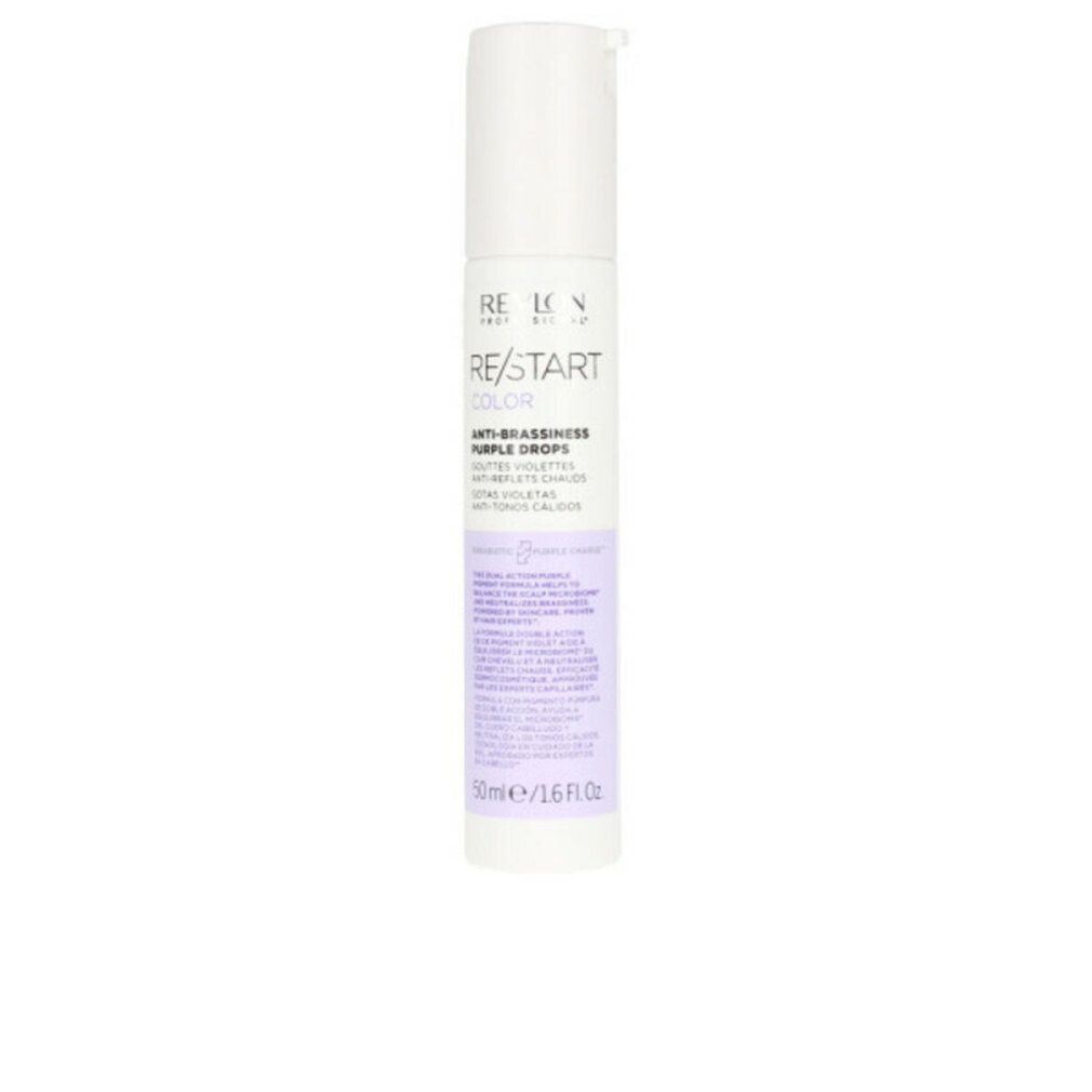 Weiß-lila Flasche. Aufschrift: Revlon Re-Start Color Anti-Brassiness Purple Drops. 50ml/1.6 fl.oz.