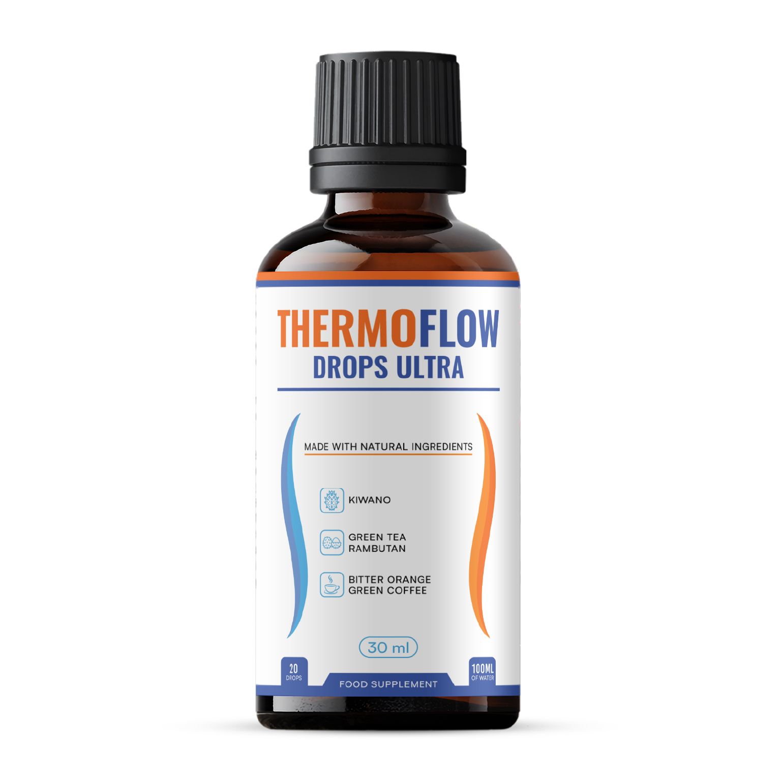 Eine braune Tropfflasche mit schwarzem Deckel und weißem Etikett. "THERMOFLOW DROPS ULTRA" und "30 ml" sind auf dem Etikett zu sehen.