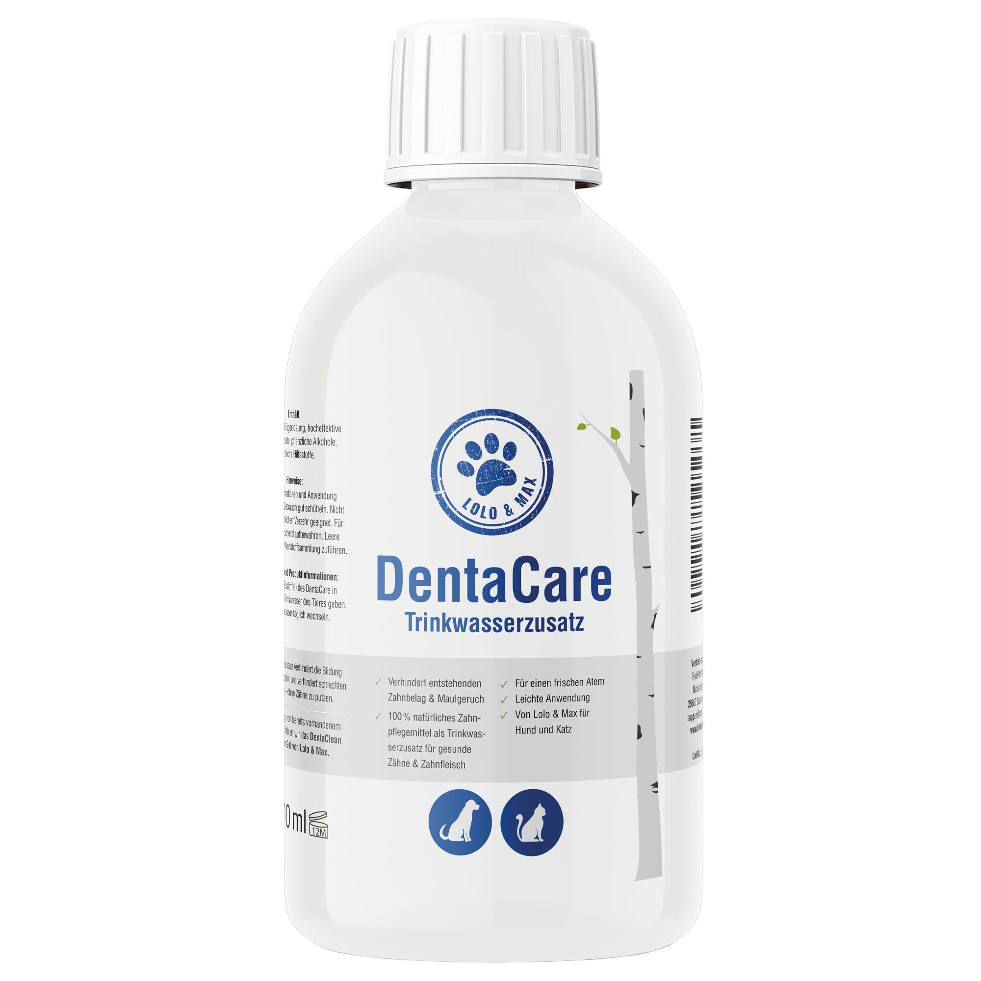Weiße Flasche mit Schraubverschluss. Aufschrift DentaCare Trinkwasserzusatz. Logo mit Pfote und Schriftzug. Für Hunde und Katzen.