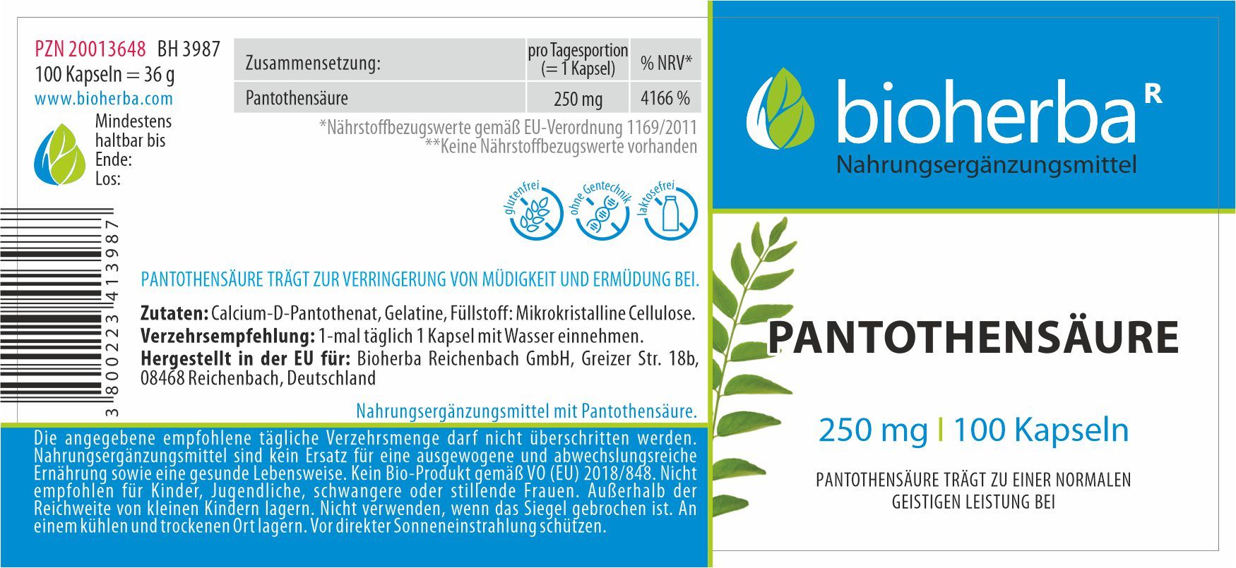 Etikett mit Produktinformationen. Enthält Text: Bioherba, Pantothensäure, 250 mg, 100 Kapseln. Enthält Nährwertangaben und Inhaltsstoffe.