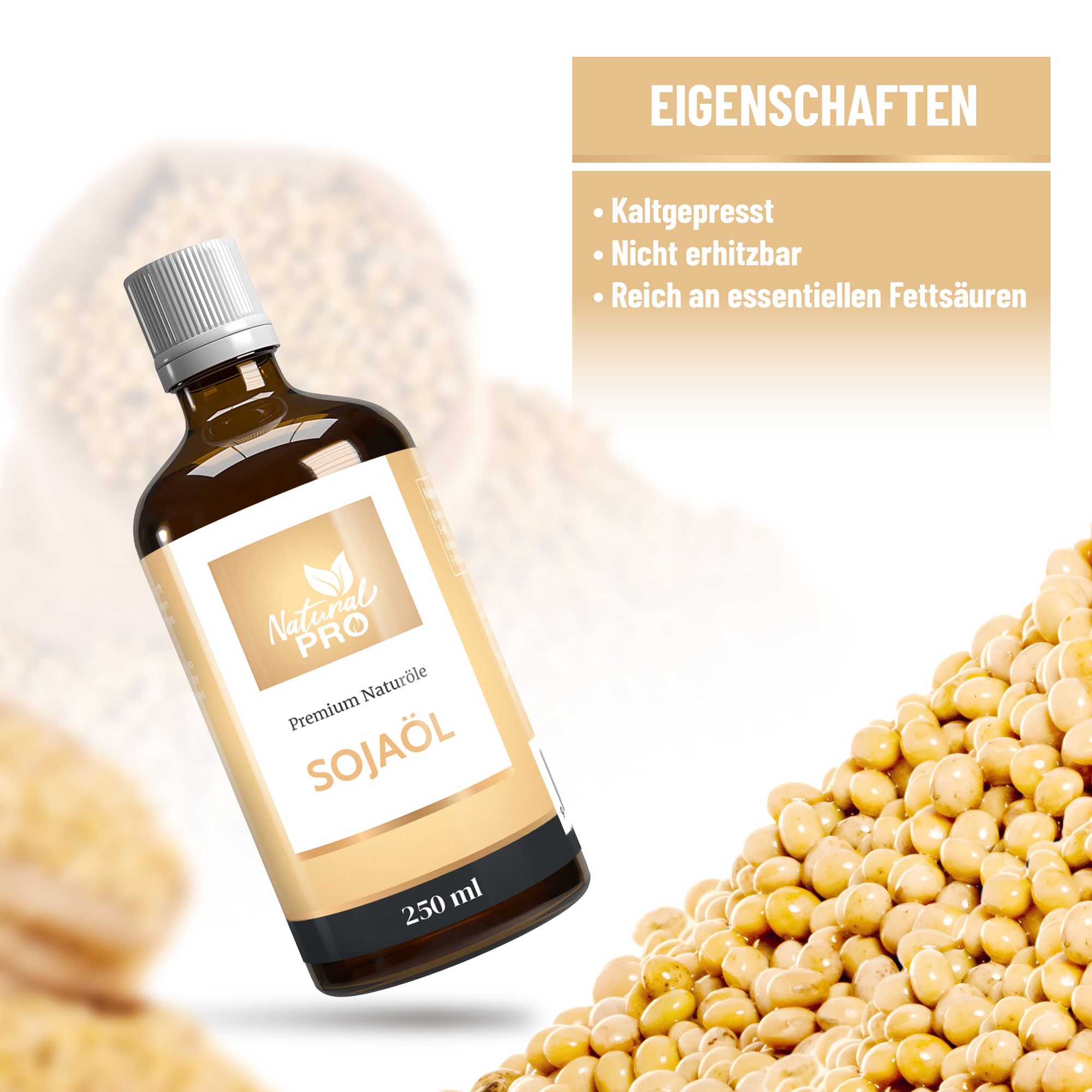 Braune Glasflasche mit weißem Deckel. Etikett mit Logo, Produktname Sojaöl und 250 ml. Sojabohnen im Hintergrund.
