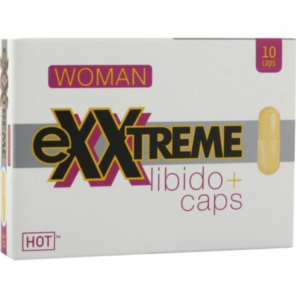 Weiße Schachtel mit eXXtreme, WOMAN, Libido+ caps und 10 Kapseln. Eine Kapsel ist sichtbar.