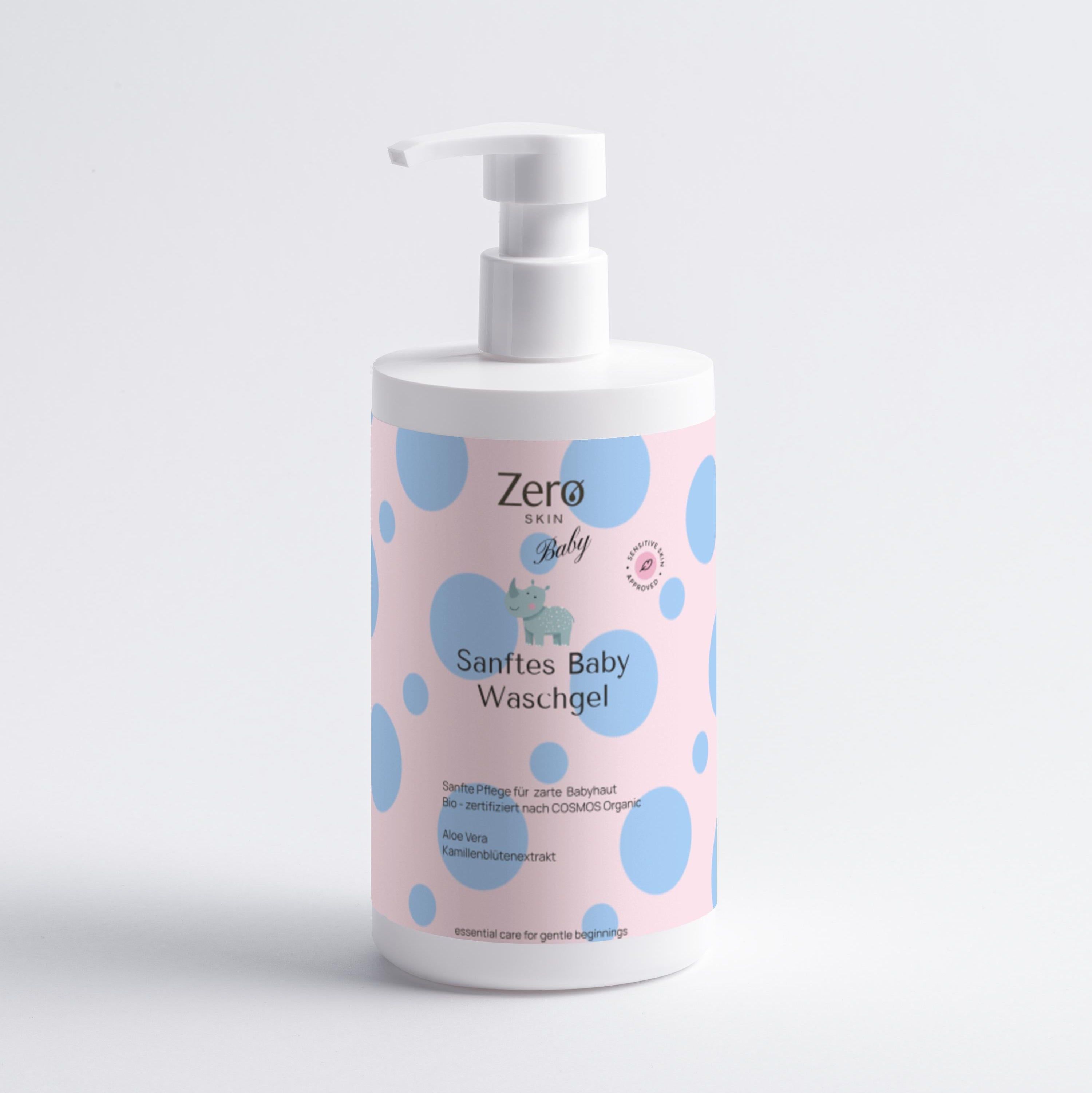 Zero Skin Baby Sanftes Baby Waschgel in einem Pumpspender mit rosa Etikett und blauen Kreisen.