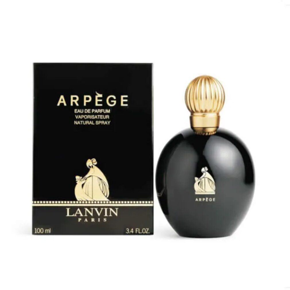 Schwarzer Flakon und Schachtel von Arpège Eau de Parfum Spray. Goldfarbene Schrift und Verzierung. 100 ml.