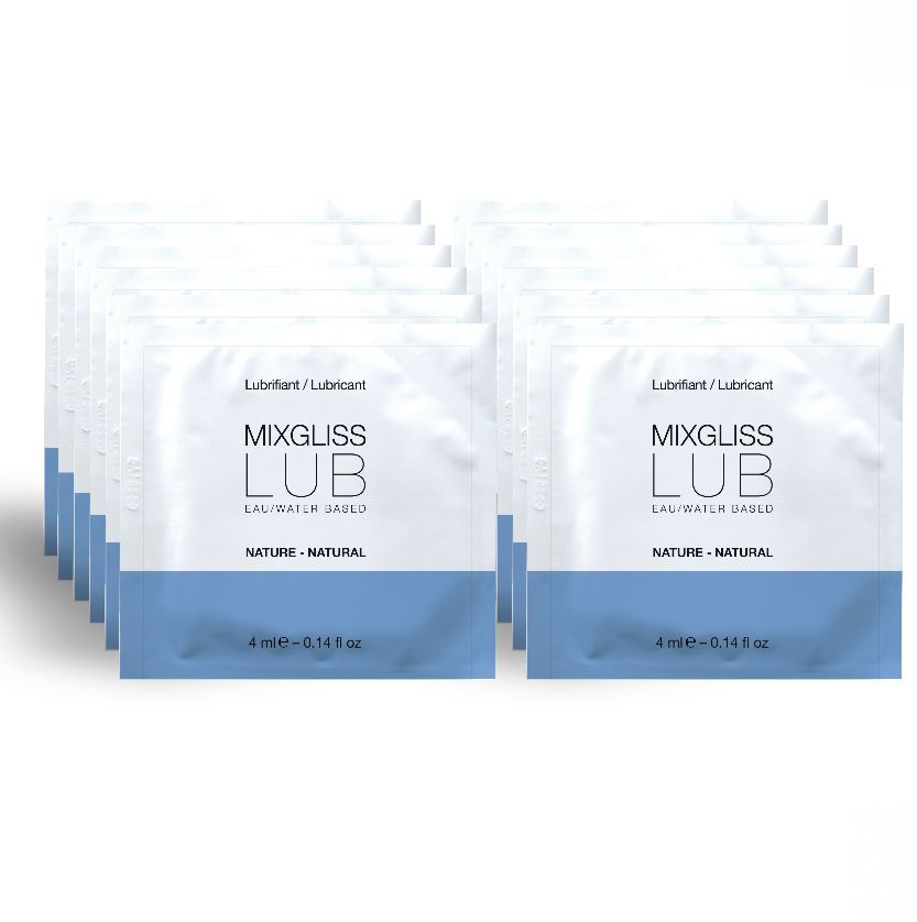 Mehrere Einzelpackungen Gleitgel. Weiße Beutel mit blauem Streifen und Produktbezeichnung. Aufschrift: MIXGLISS LUB, eau/water based, nature - natural.