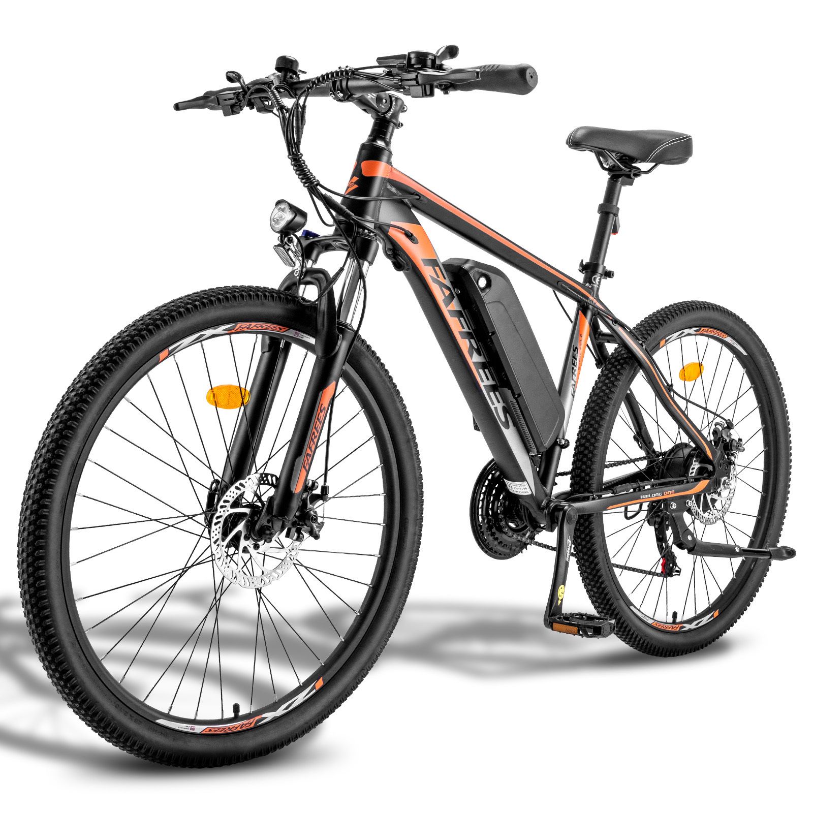 Schwarzes Mountainbike mit orangefarbenen Akzenten. Sichtbar: Akku, 21 Gänge, Scheibenbremsen. Aufschrift: FAFREES.