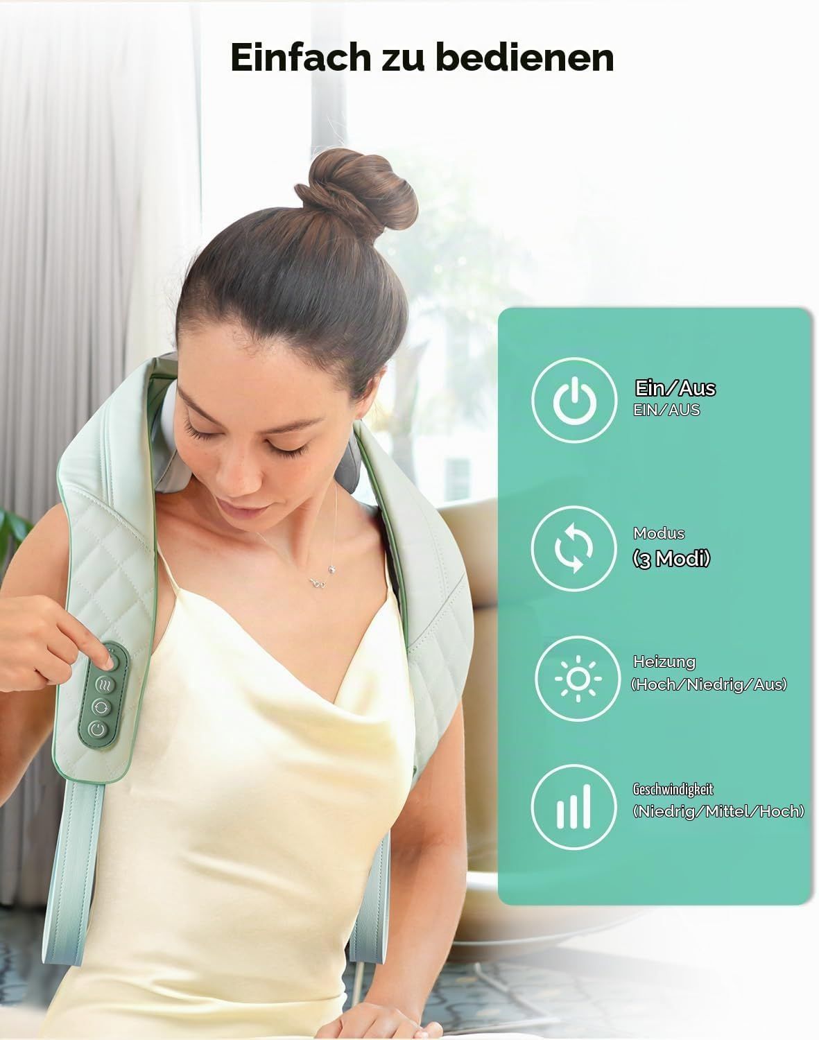 Bedienungsanleitung für ein Nackenmassagegerät: Ein/Aus, Modus, Intensität und Geschwindigkeit.