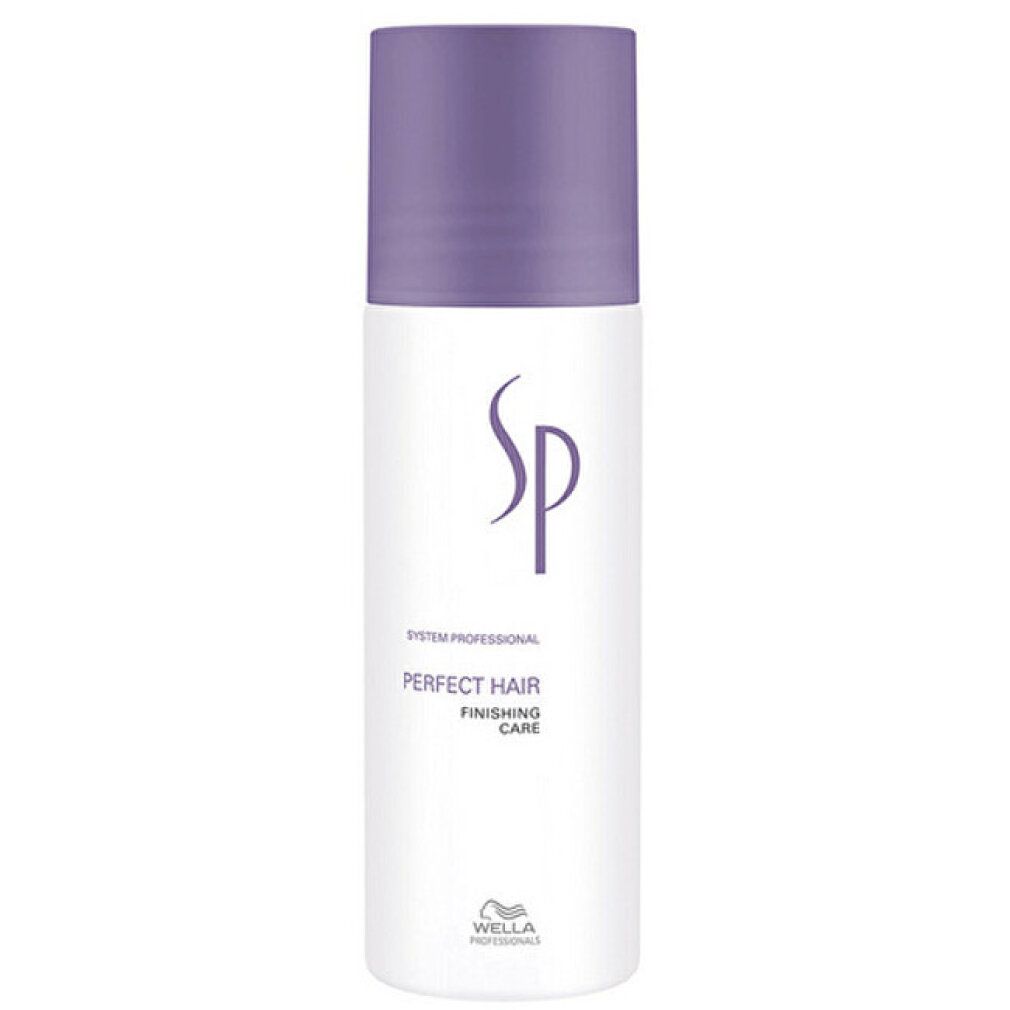 Weiße Flasche mit lila Deckel. Aufschrift SP, Perfect Hair, Finishing Care. Wella Logo.