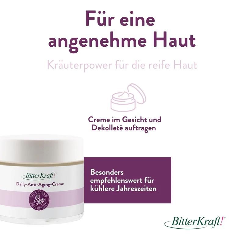 Creme-Tiegel neben Text: Für eine angenehme Haut. Kräuterpower für die reife Haut. Creme im Gesicht und Dekolleté auftragen. BitterKraft!