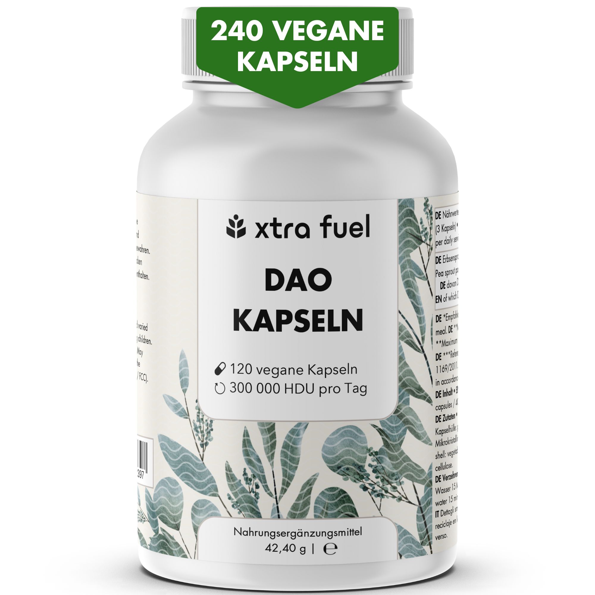 Weiße Flasche mit Kapseln. Aufschrift: Xtra Fuel DAO Kapseln, 120 vegane Kapseln, 300.000 HDU. Grünes Etikett: 240 vegane Kapseln.