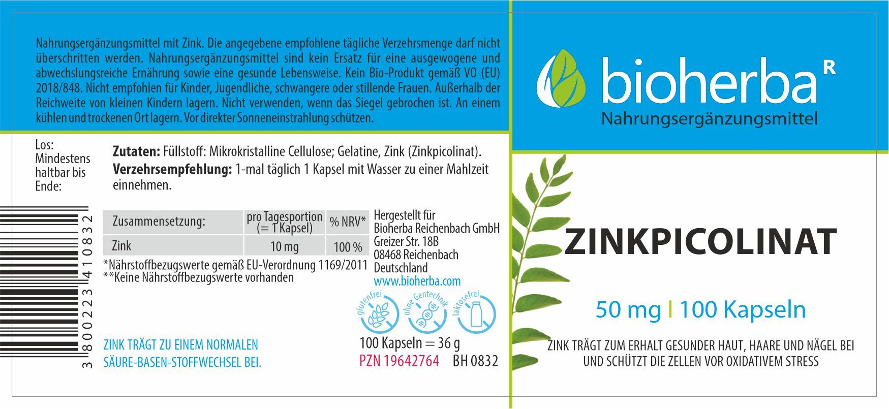 Etikett mit Produktinformationen. Bioherba Zinkpicolinat, 50 mg | 100 Kapseln. Inhaltsstoffe und Verzehrempfehlung.