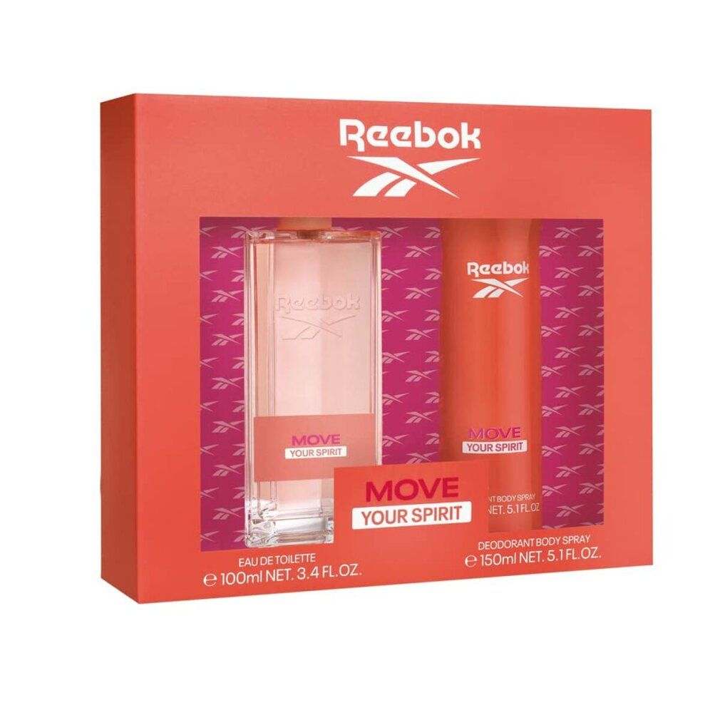 Rotes Geschenkset mit Reebok-Logo. Enthält Flakon und Spray mit Aufschrift "MOVE YOUR SPIRIT".