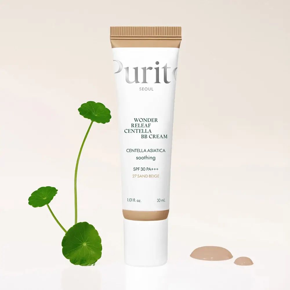 Tube PURITO Wonder Releaf Centella BB Cream 27 Sand Beige. Weißer Tube, beige Kappe. Text: SPF 30 PA+++, 30 ml. Grünpflanze.