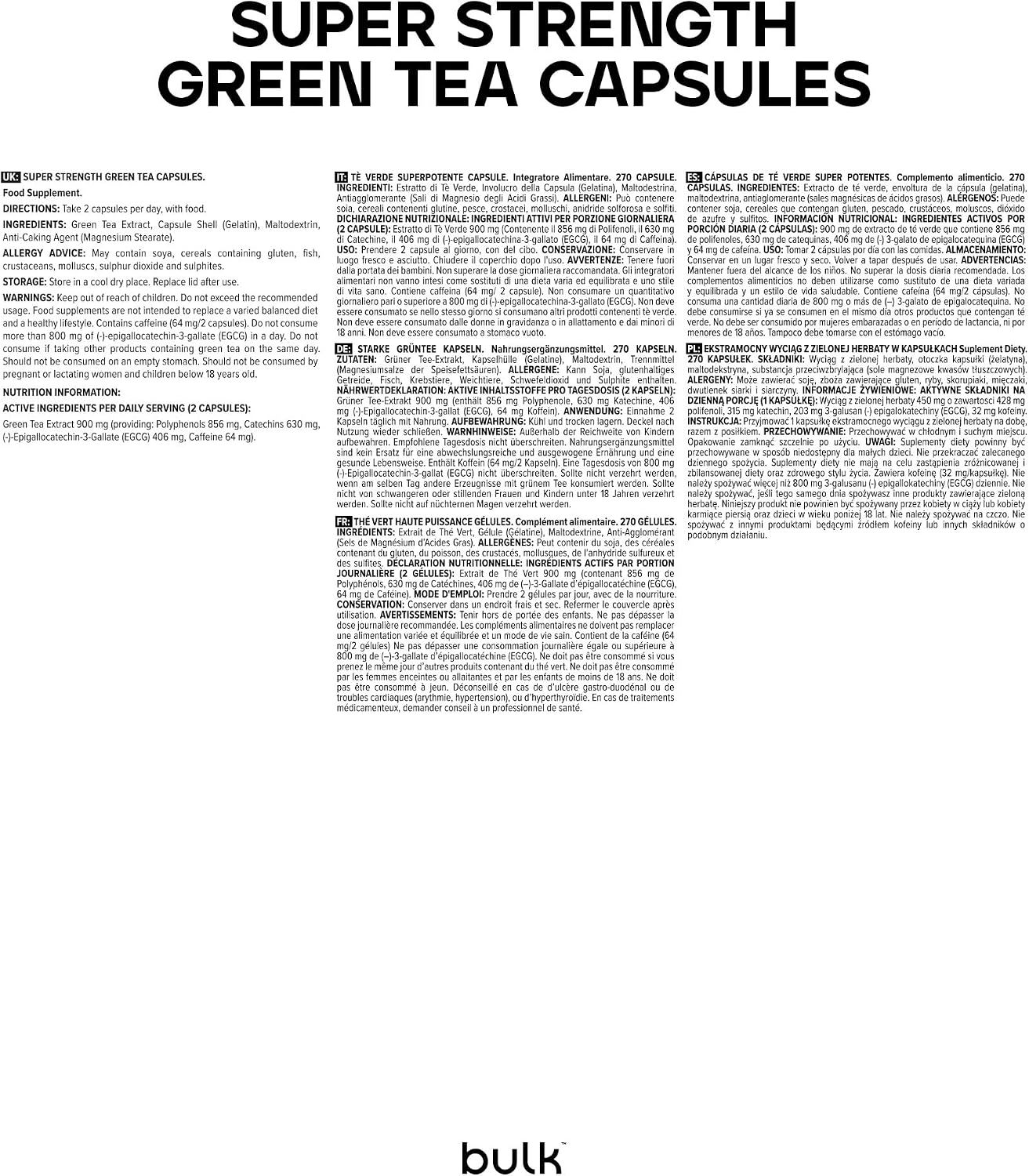 Flasche Bulk Extra Starker Grüner Tee Kapseln. 450 mg Grüntee-Extrakt, 95 mg Polyphenole, 45 mg EGCG pro Kapsel.