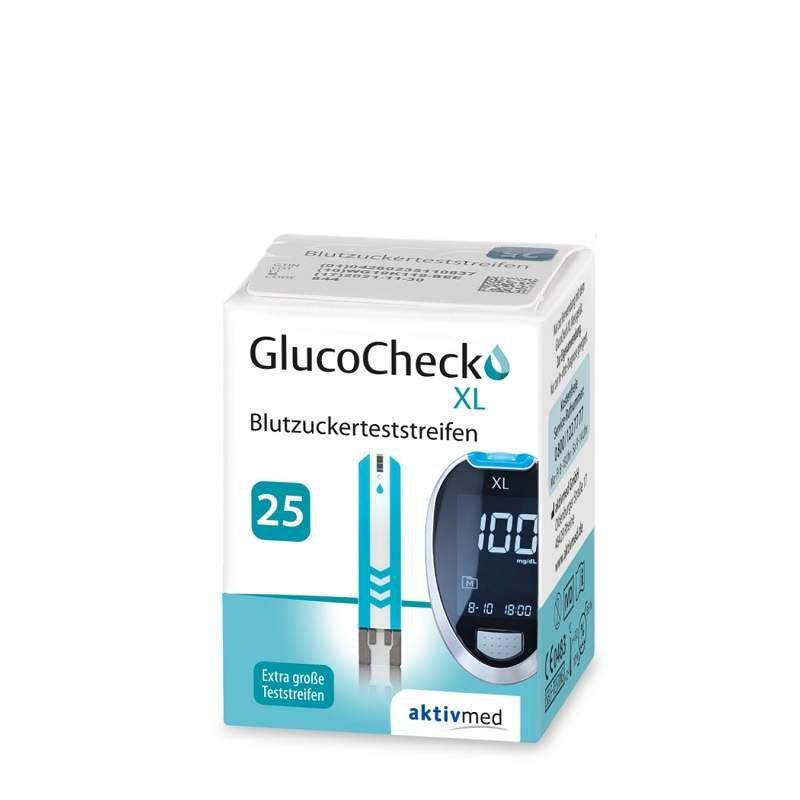 Packung Blutzuckerteststreifen. Enthält 25 Teststreifen. Aufschrift: GlucoCheck XL. Blaue und weiße Teststreifen und ein Messgerät sind abgebildet.