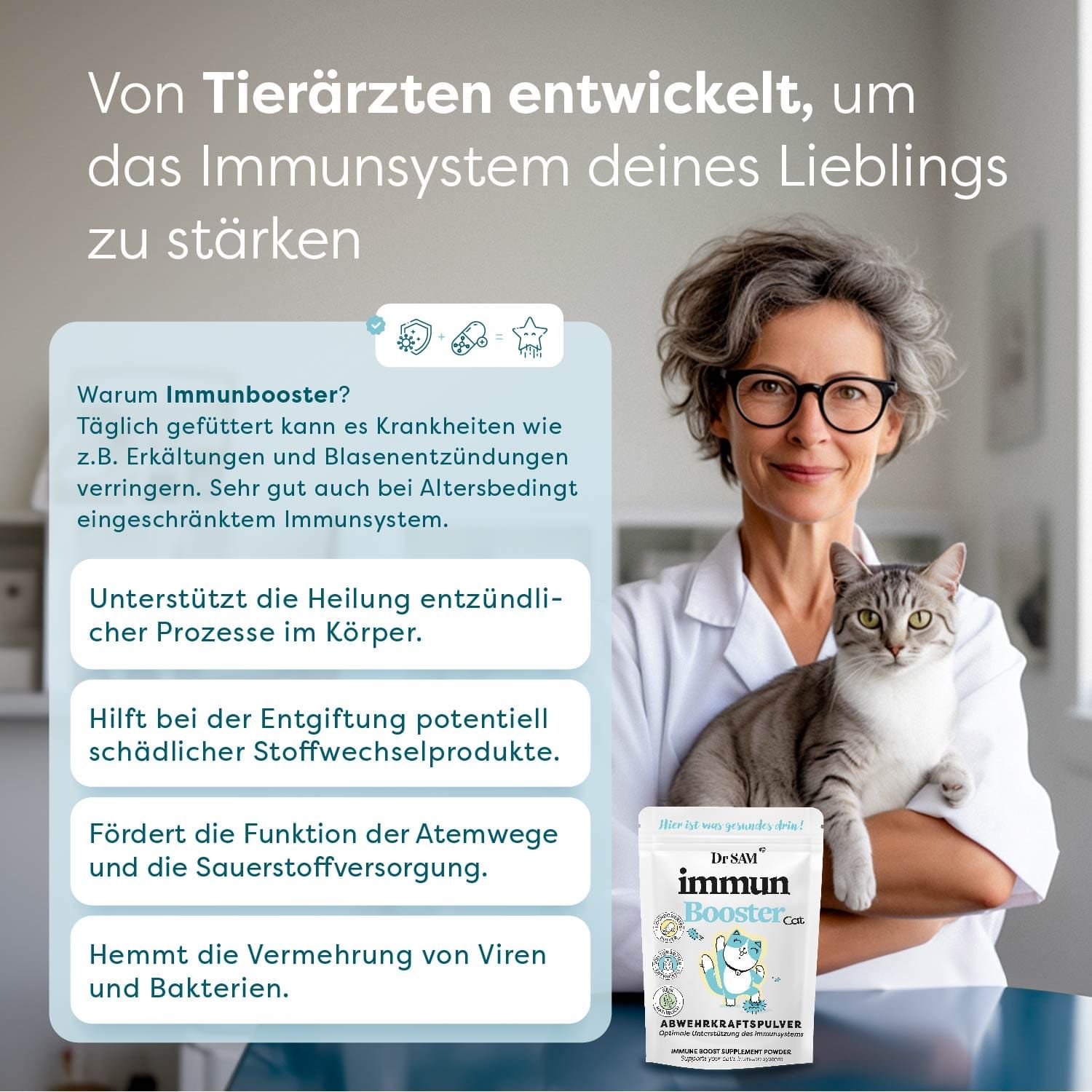 Frau mit Katze hält Produktpackung. Text: "Von Tierärzten entwickelt". Vorteile für das Immunsystem.